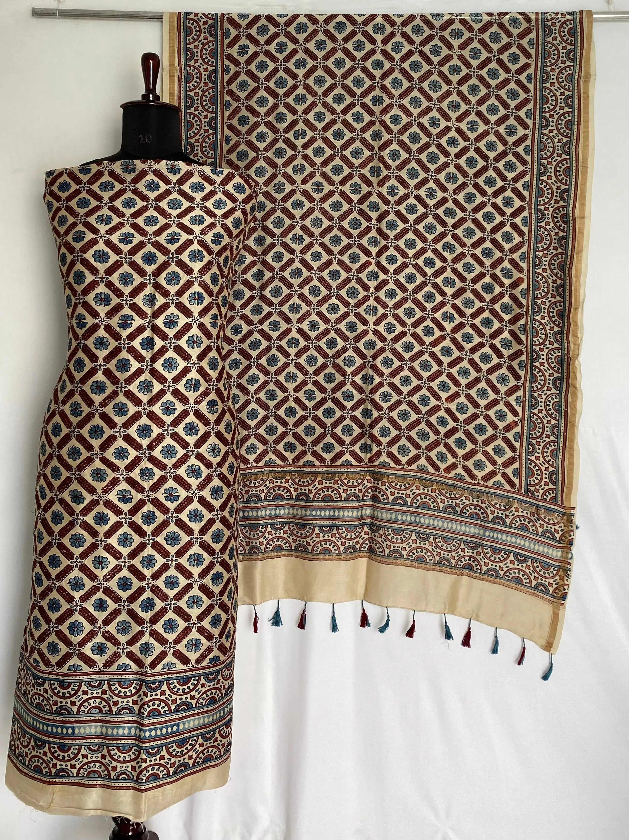 Off White Ajarakh Chanderi 2 pcs Suit Material RAKHIYO