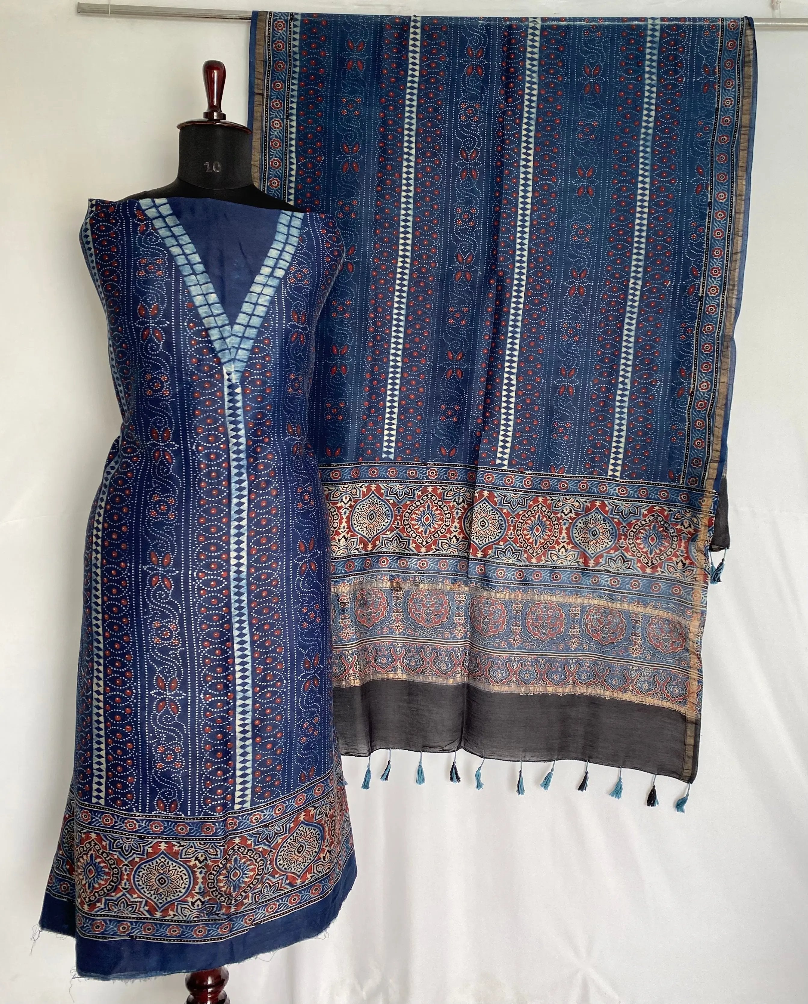 Indigo Ajarakh Chanderi 2 pcs Suit Material RAKHIYO
