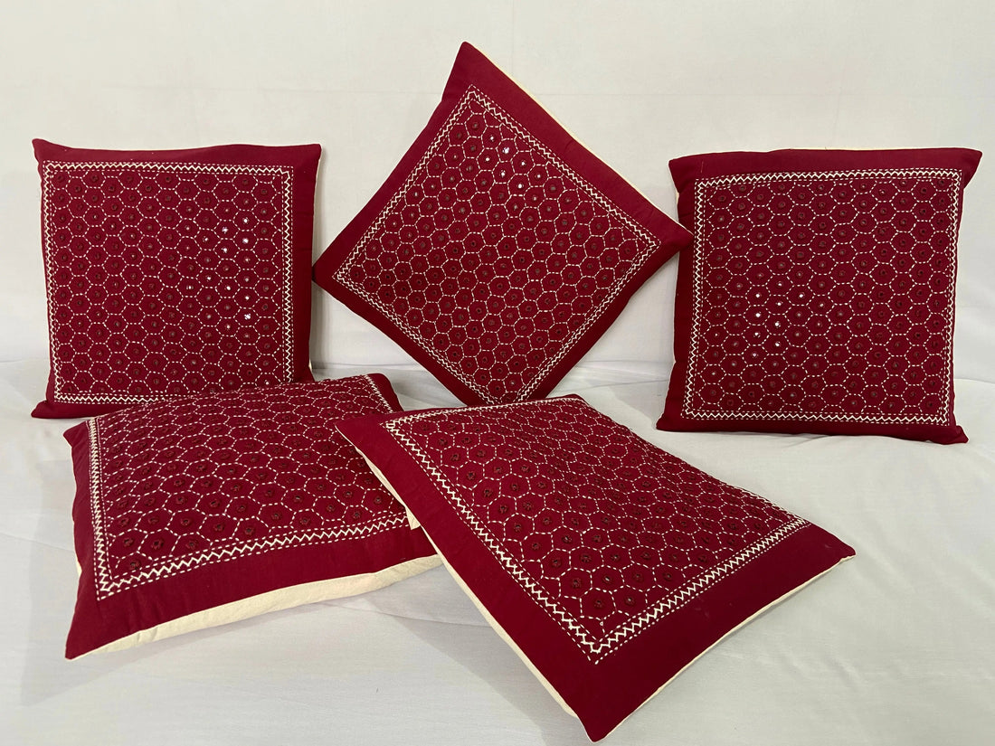 Maroon Cotton Mirrorwork Cushion Cover RAKHIYO