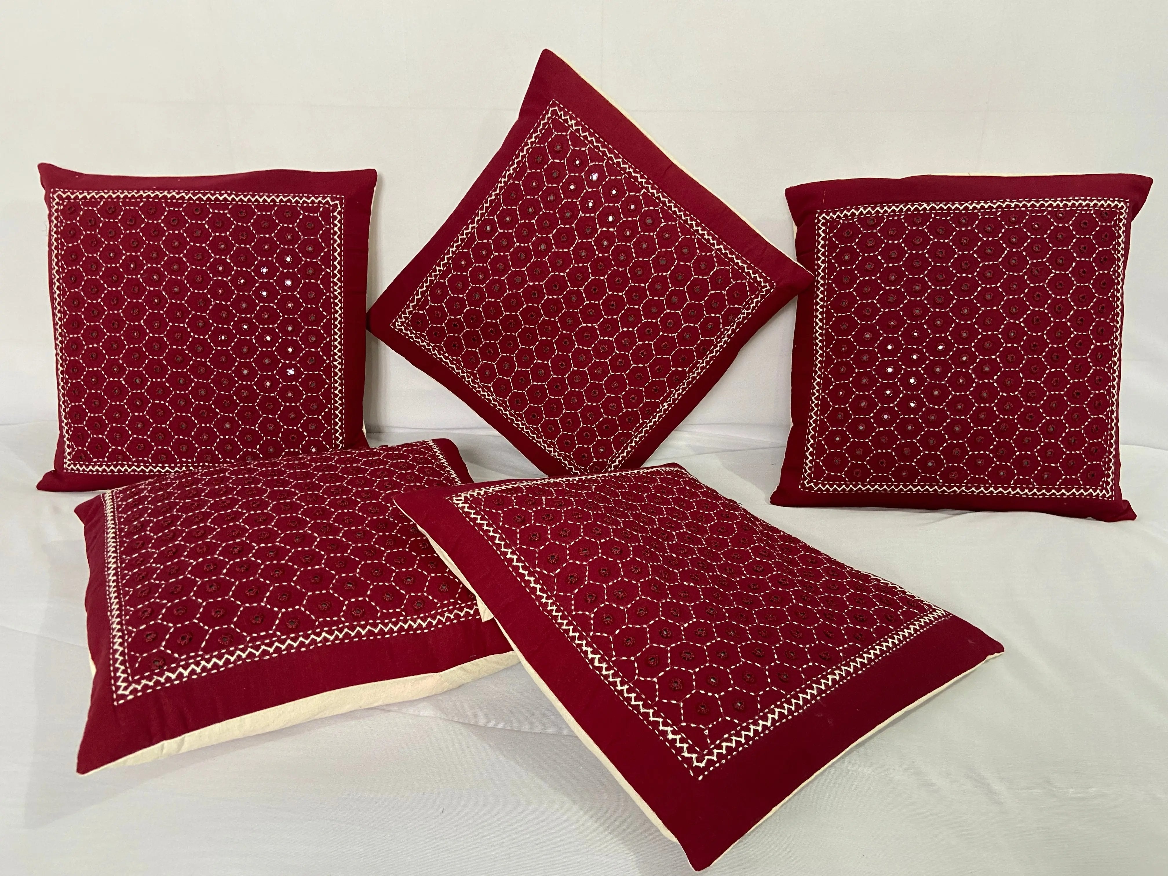 Maroon Cotton Mirrorwork Cushion Cover RAKHIYO