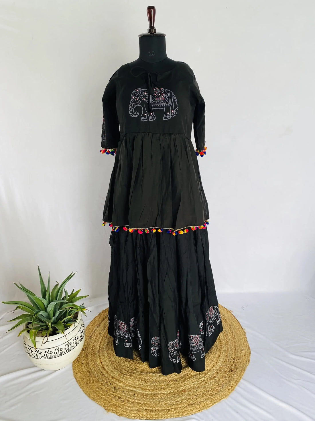 Elephant Black 2 pcs  Blockprint Cotton Chaniyacholi RAKHIYO