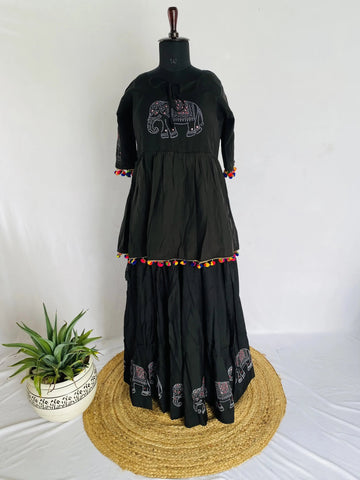 Elephant Black 2 pcs  Blockprint Cotton Chaniyacholi RAKHIYO