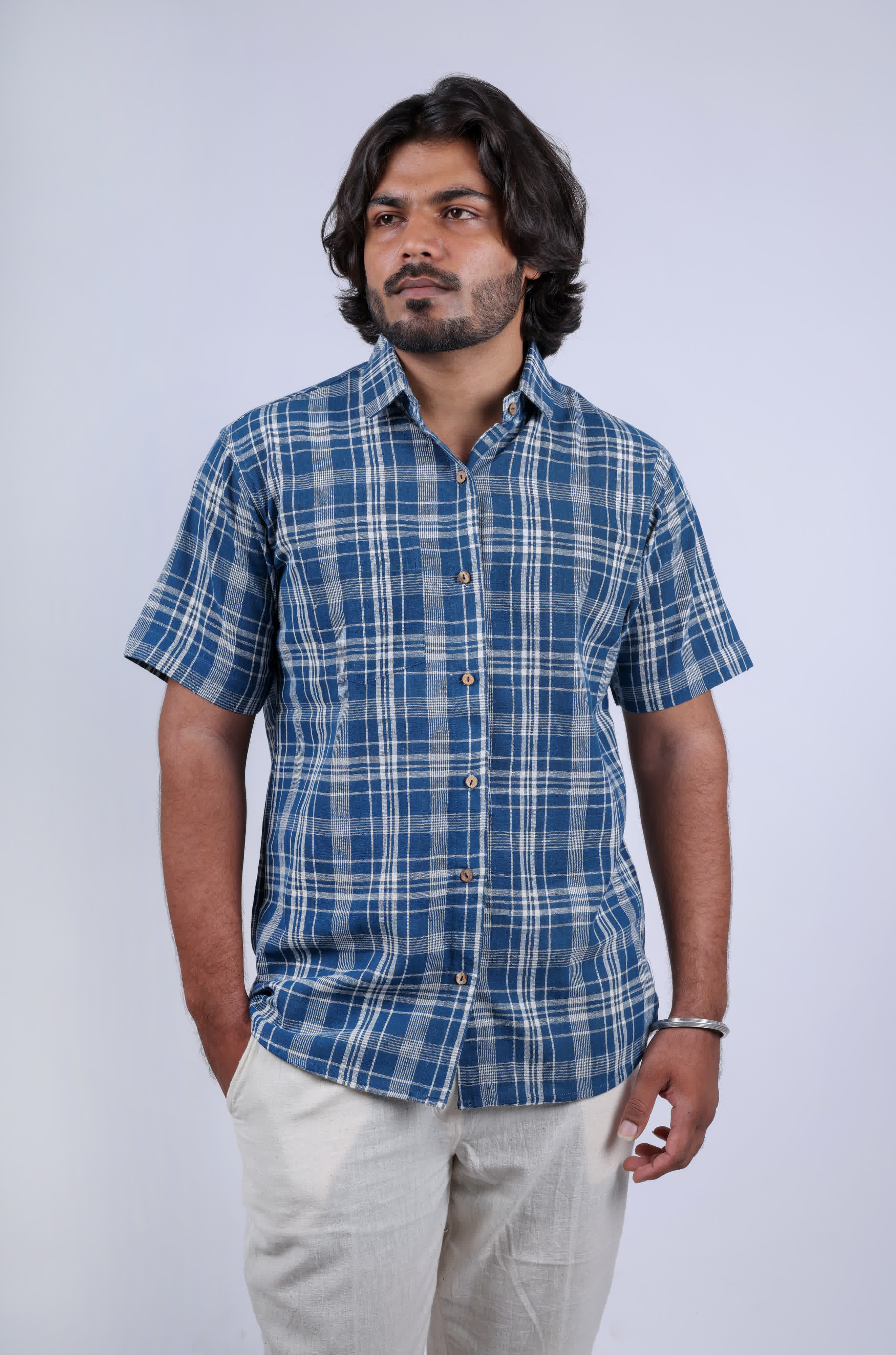 Kala Cotton Indigo Checks Half Sleeves Shirt RAKHIYO