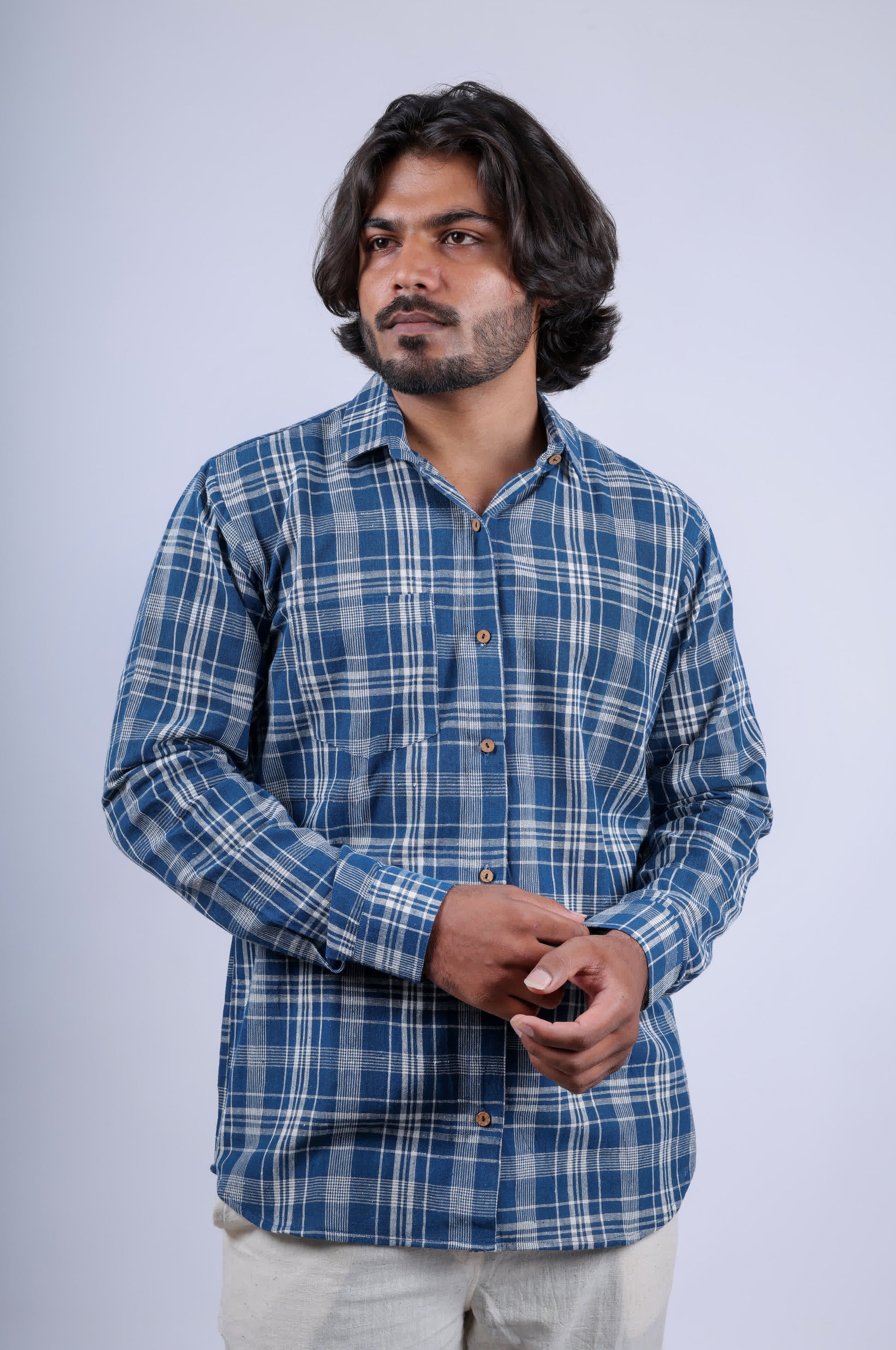 Kala Cotton Indigo Checks Full Sleeves Shirt RAKHIYO