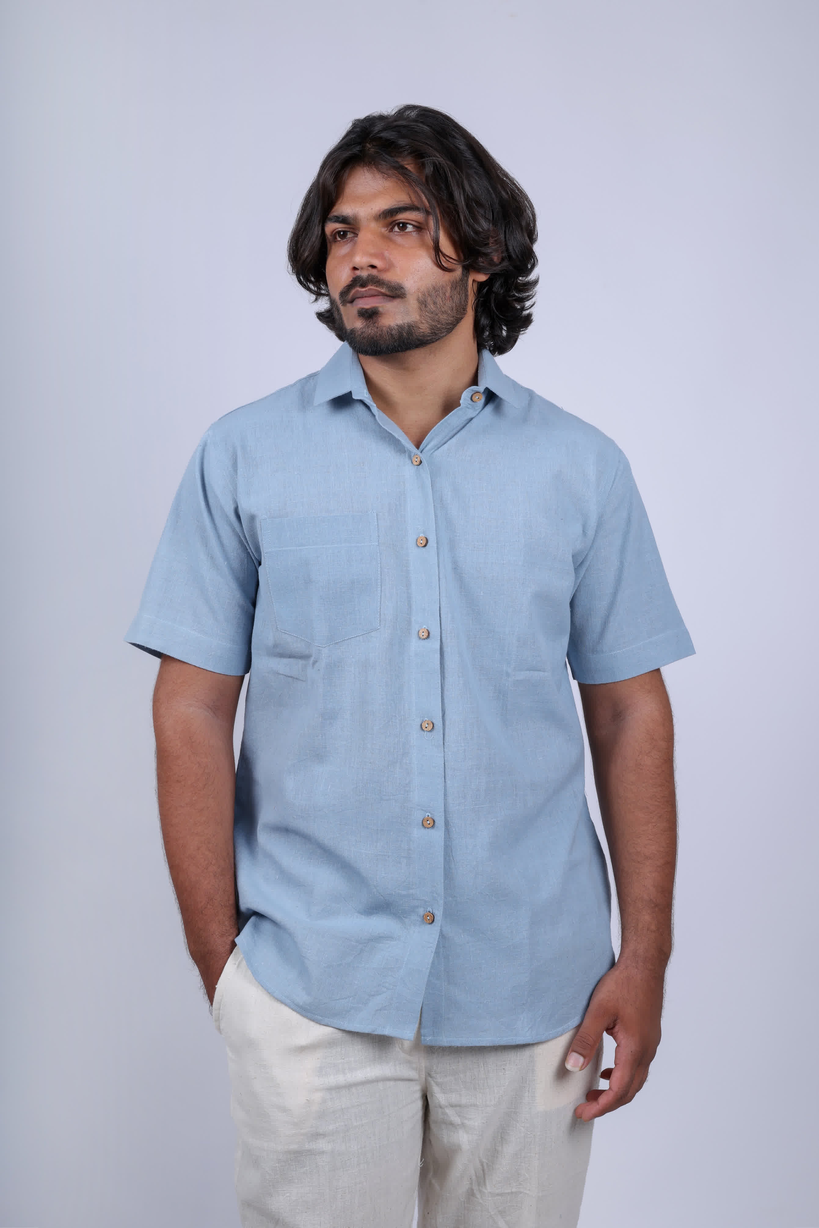 Kala Cotton Sky Blue Half Sleeves Shirt RAKHIYO