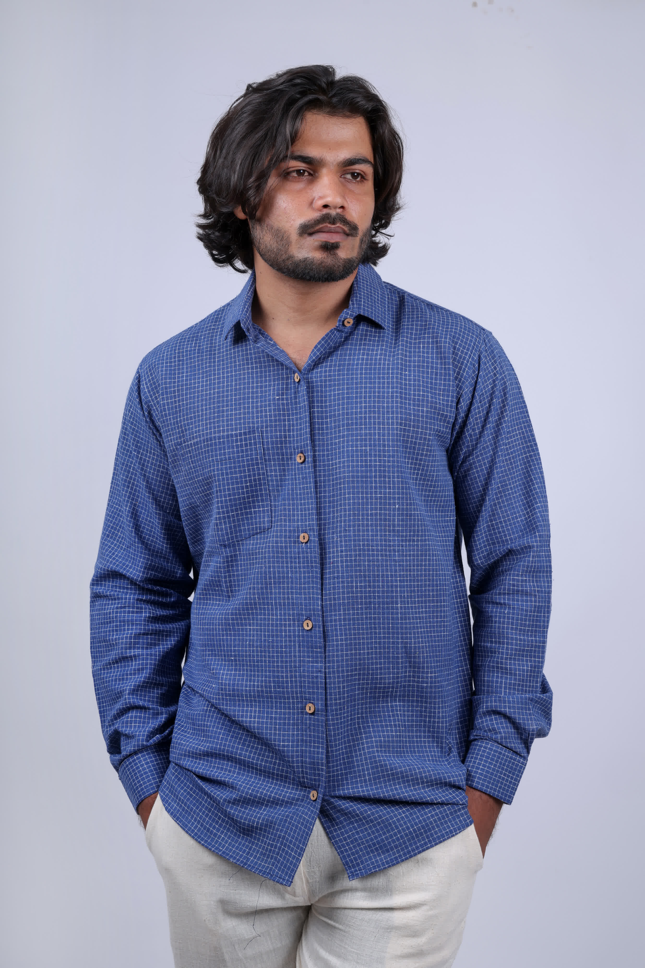 Kala Cotton Indigo Small Checks Full Sleeves Shirt RAKHIYO