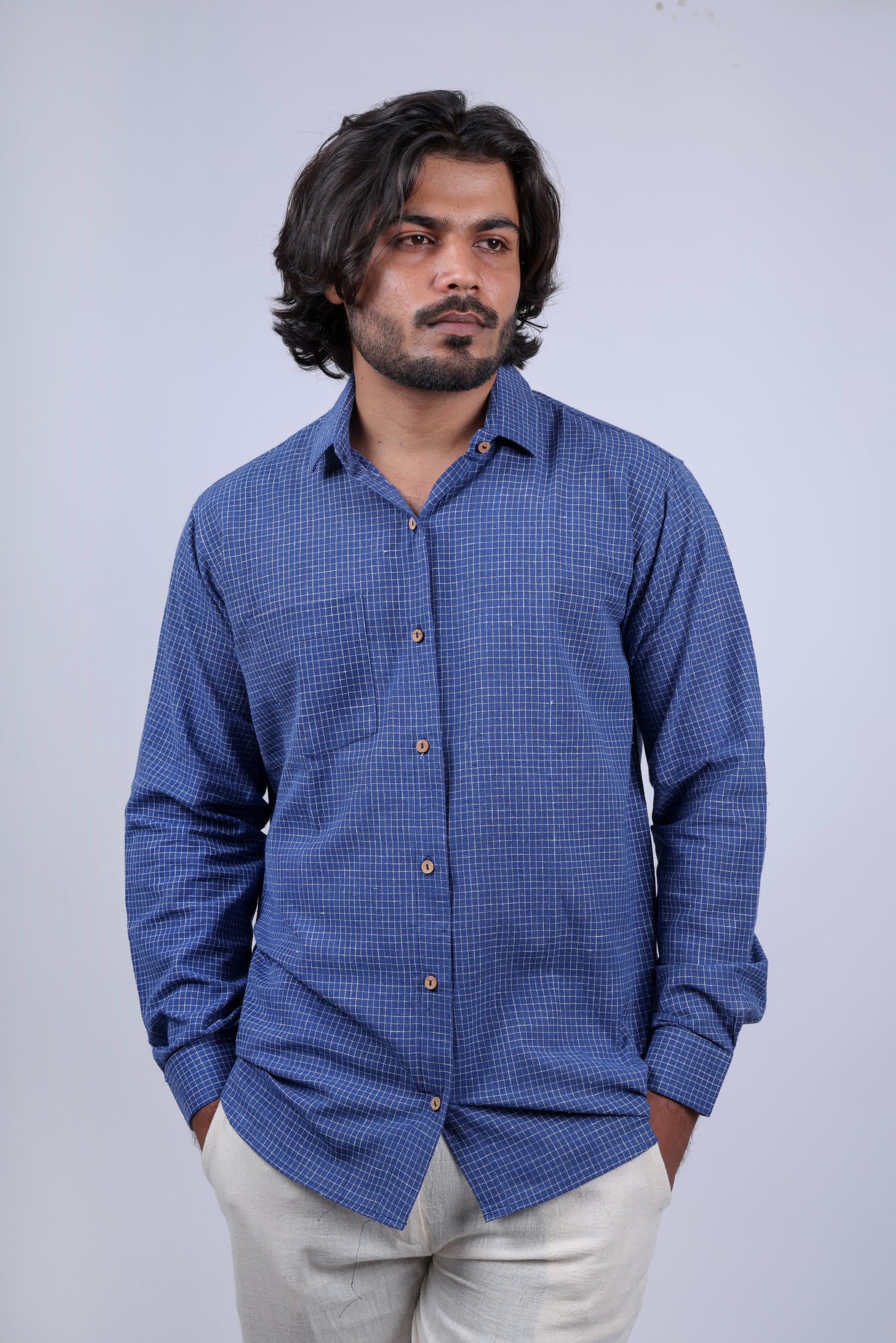 Kala Cotton Indigo Small Checks Full Sleeves Shirt RAKHIYO