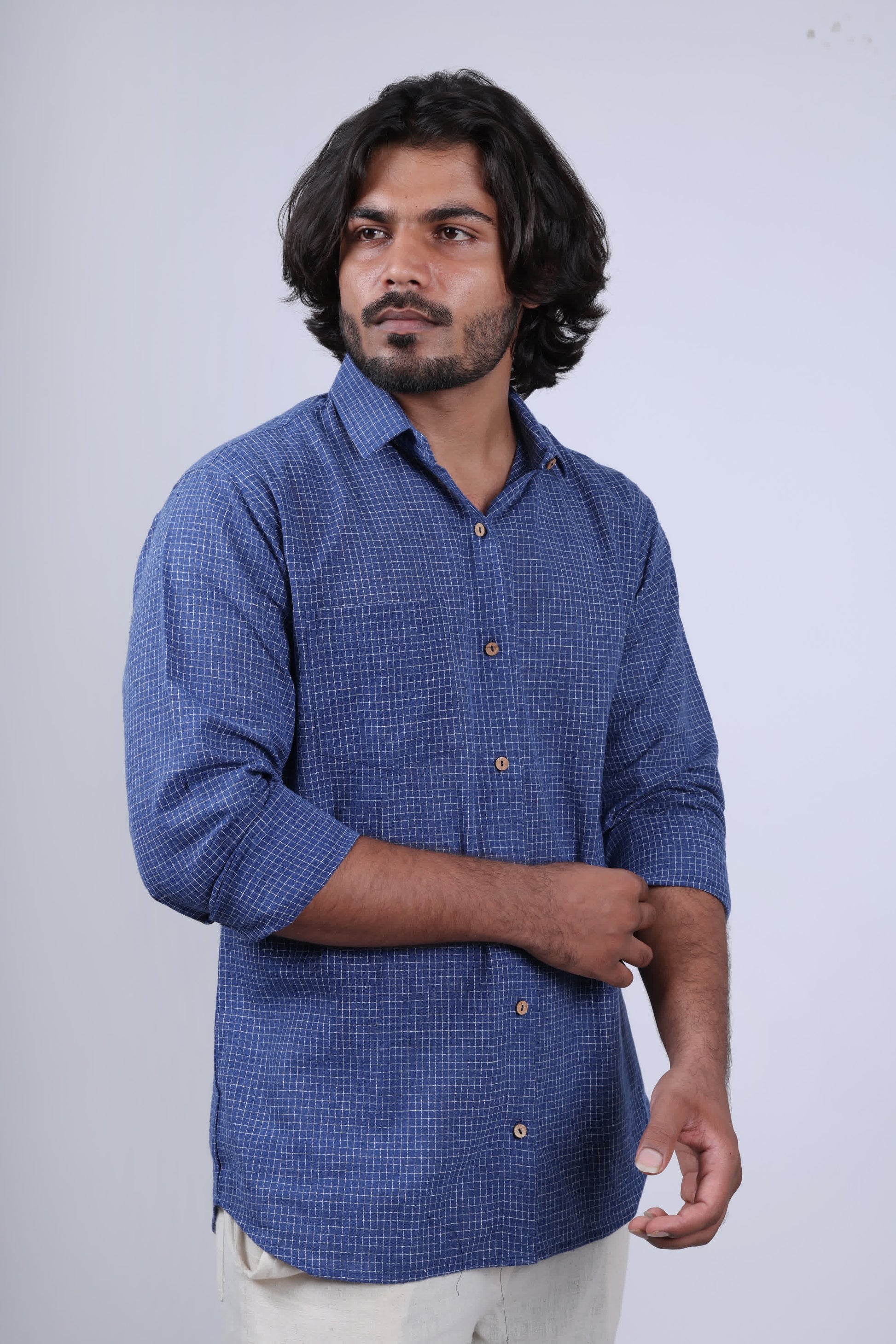 Kala Cotton Indigo Small Checks Full Sleeves Shirt RAKHIYO