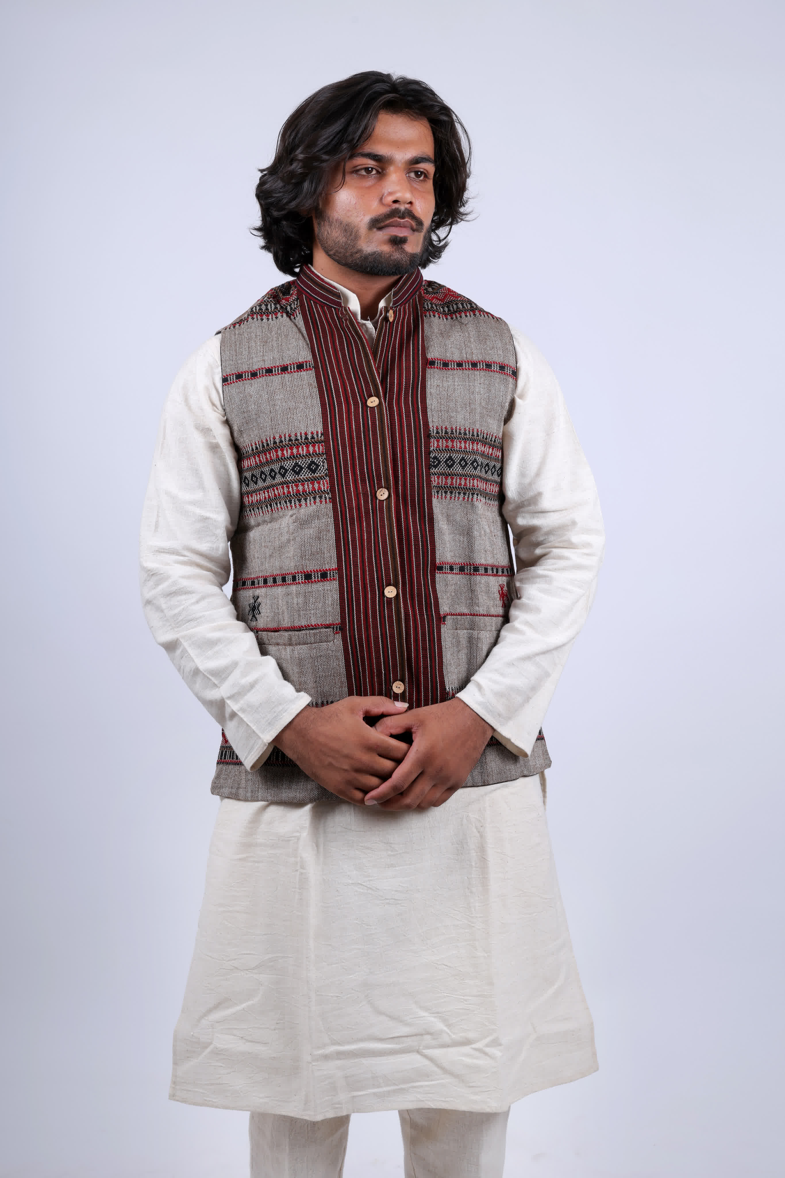 Woolen Kutchi Bhujodi Weaving Coffee Jacket RAKHIYO
