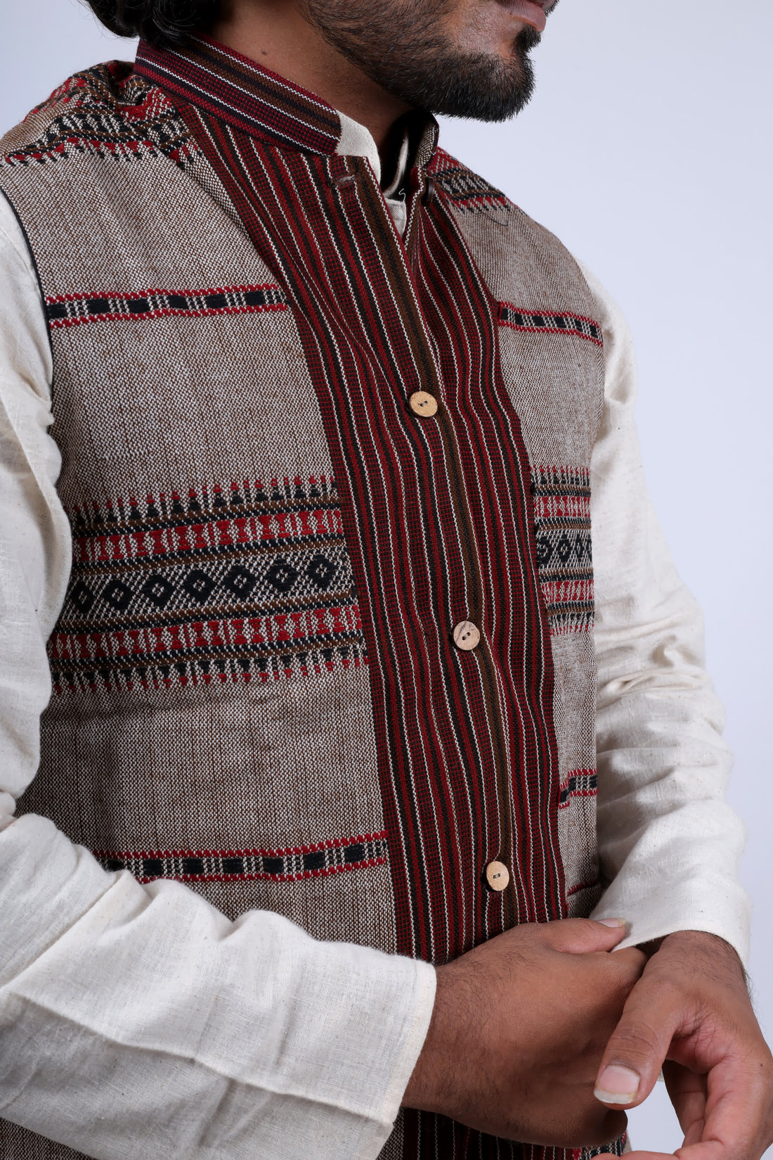 Woolen Kutchi Bhujodi Weaving Coffee Jacket RAKHIYO