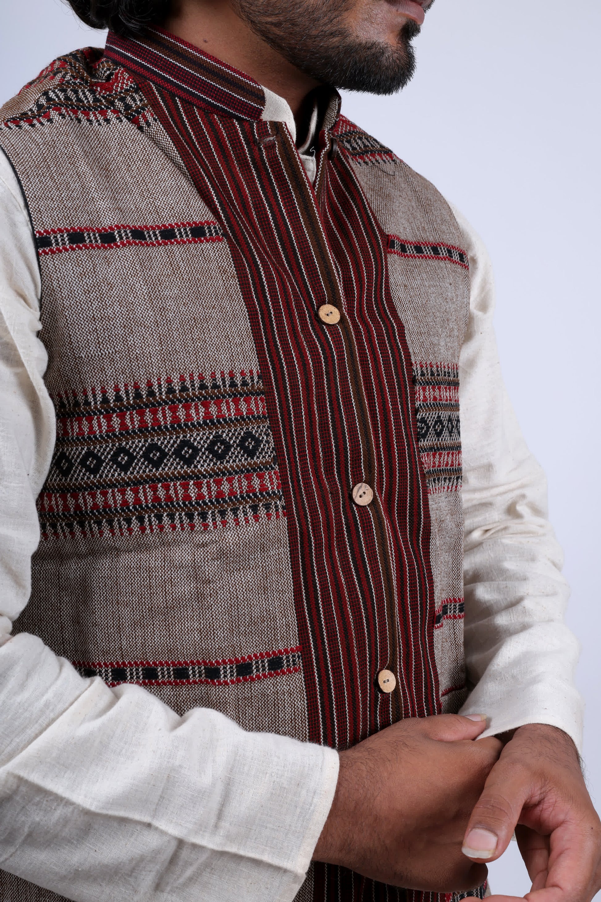 Woolen Kutchi Bhujodi Weaving Coffee Jacket RAKHIYO
