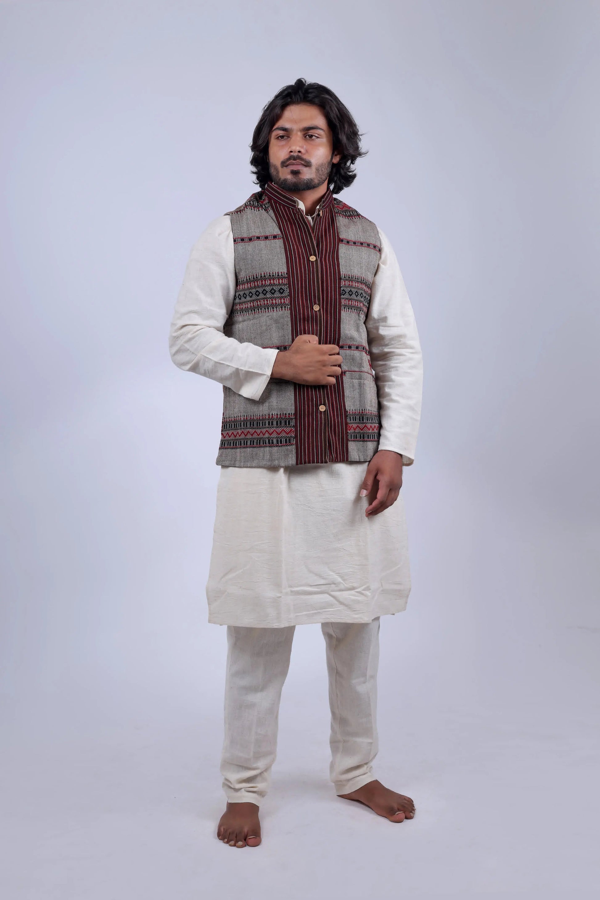 Woolen Kutchi Bhujodi Weaving Coffee Jacket RAKHIYO