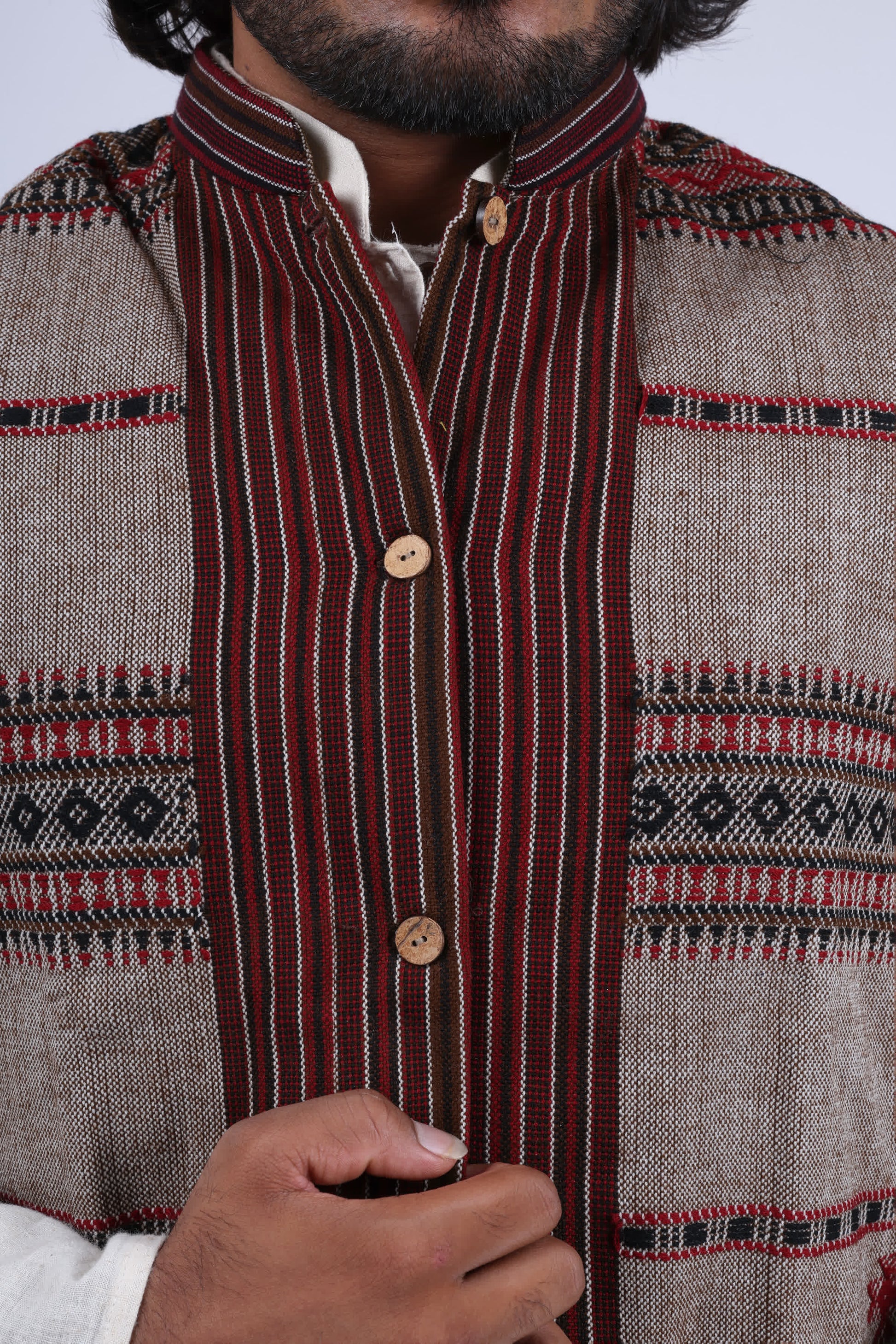 Woolen Kutchi Bhujodi Weaving Coffee Jacket RAKHIYO