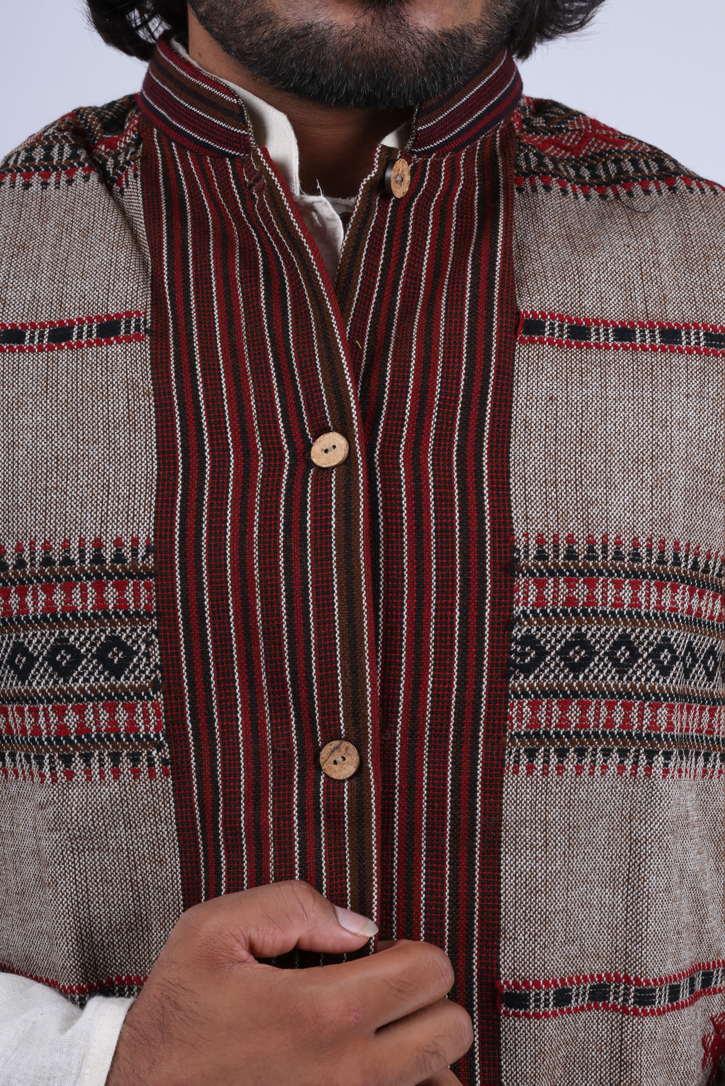 Woolen Kutchi Bhujodi Weaving Coffee Jacket RAKHIYO