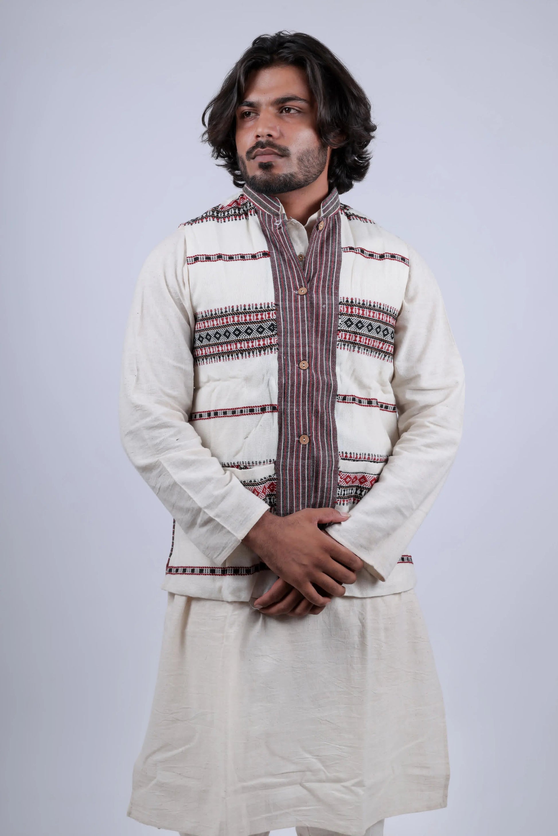 Woolen Kutchi Bhujodi Weaving White Jacket RAKHIYO