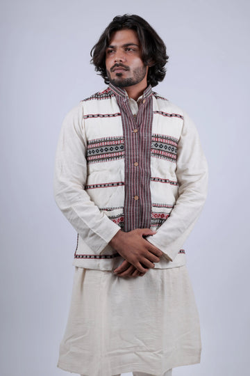 Woolen Kutchi Bhujodi Weaving White Jacket RAKHIYO
