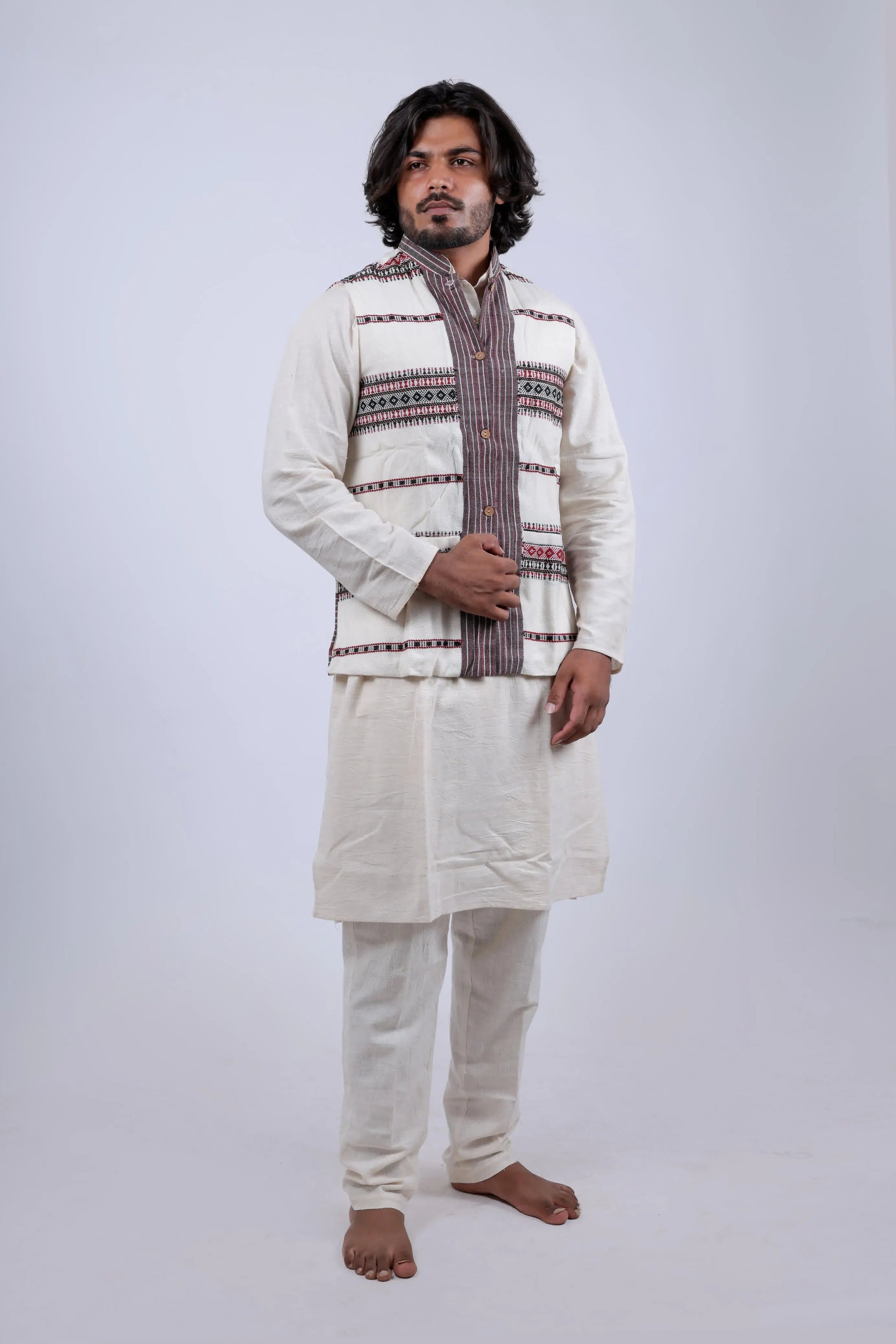Woolen Kutchi Bhujodi Weaving White Jacket RAKHIYO