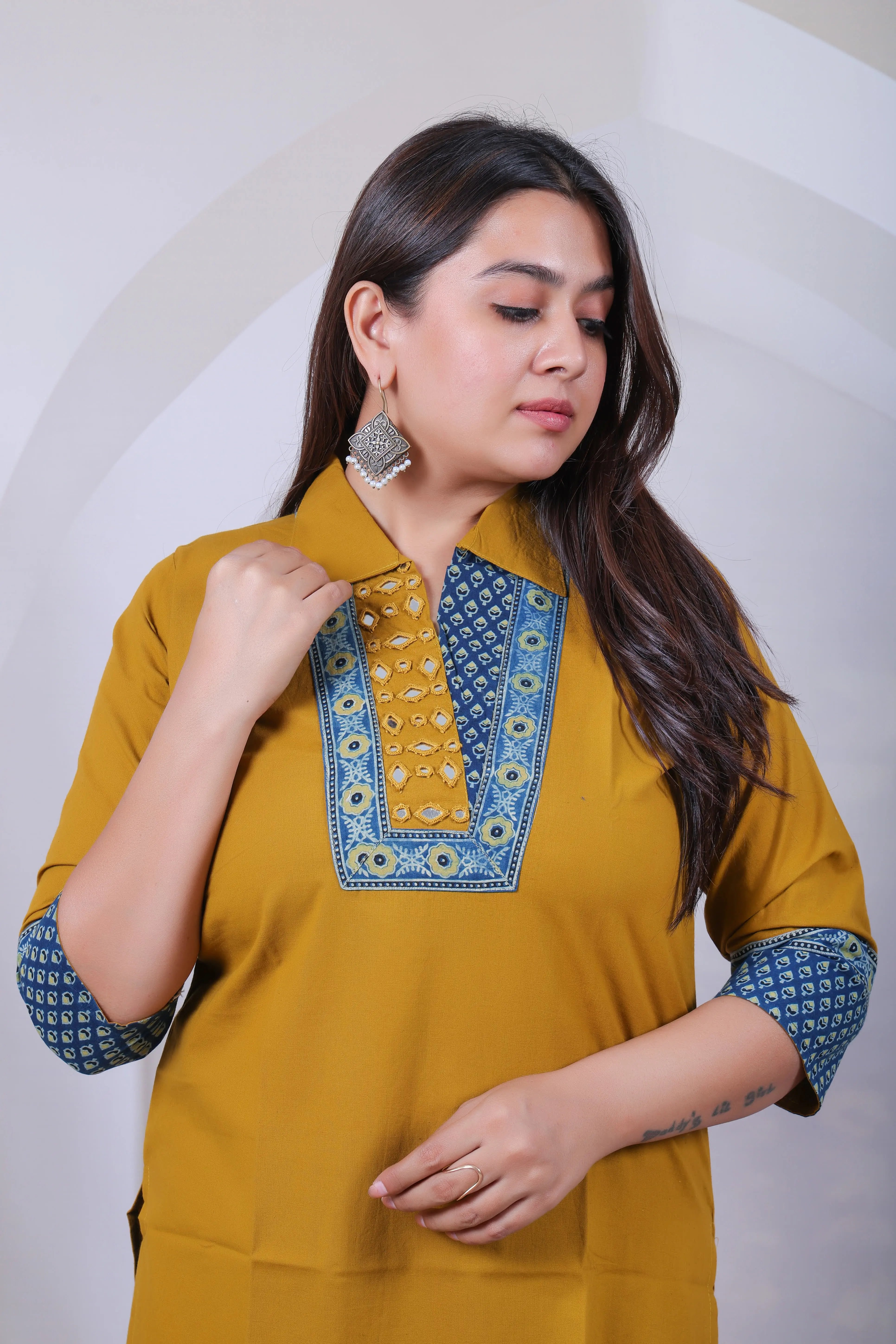 Avantika Mustard Cotton Collar Mirror Ajarakh Kurti RAKHIYO