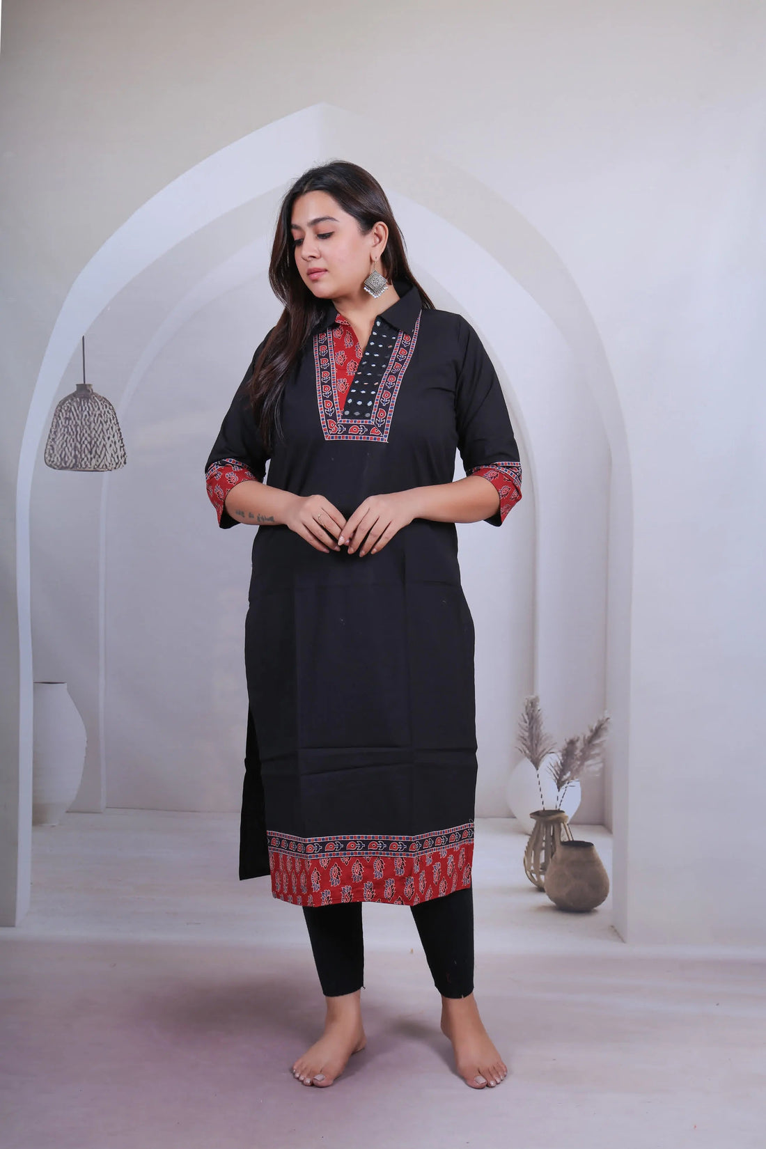 Avantika Black Cotton Collar Mirror Ajarakh Kurti RAKHIYO