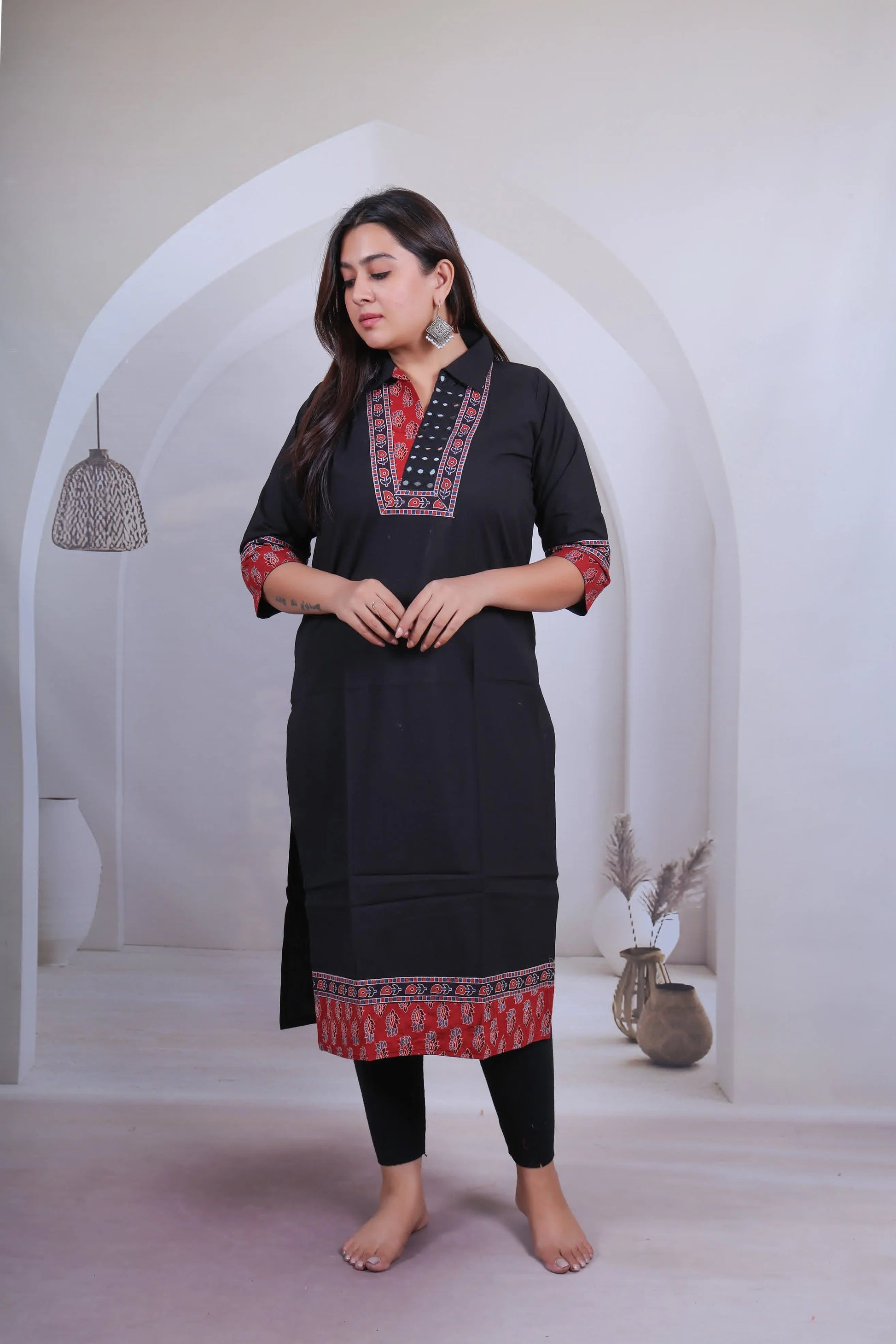 Avantika Black Cotton Collar Mirror Ajarakh Kurti RAKHIYO