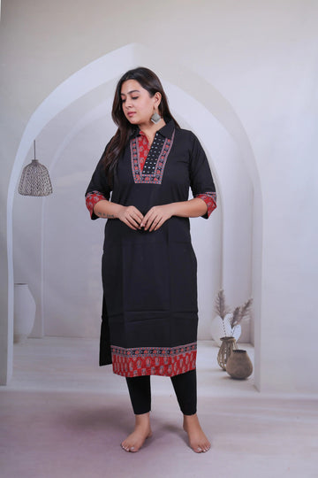 Avantika Black Cotton Collar Mirror Ajarakh Kurti RAKHIYO