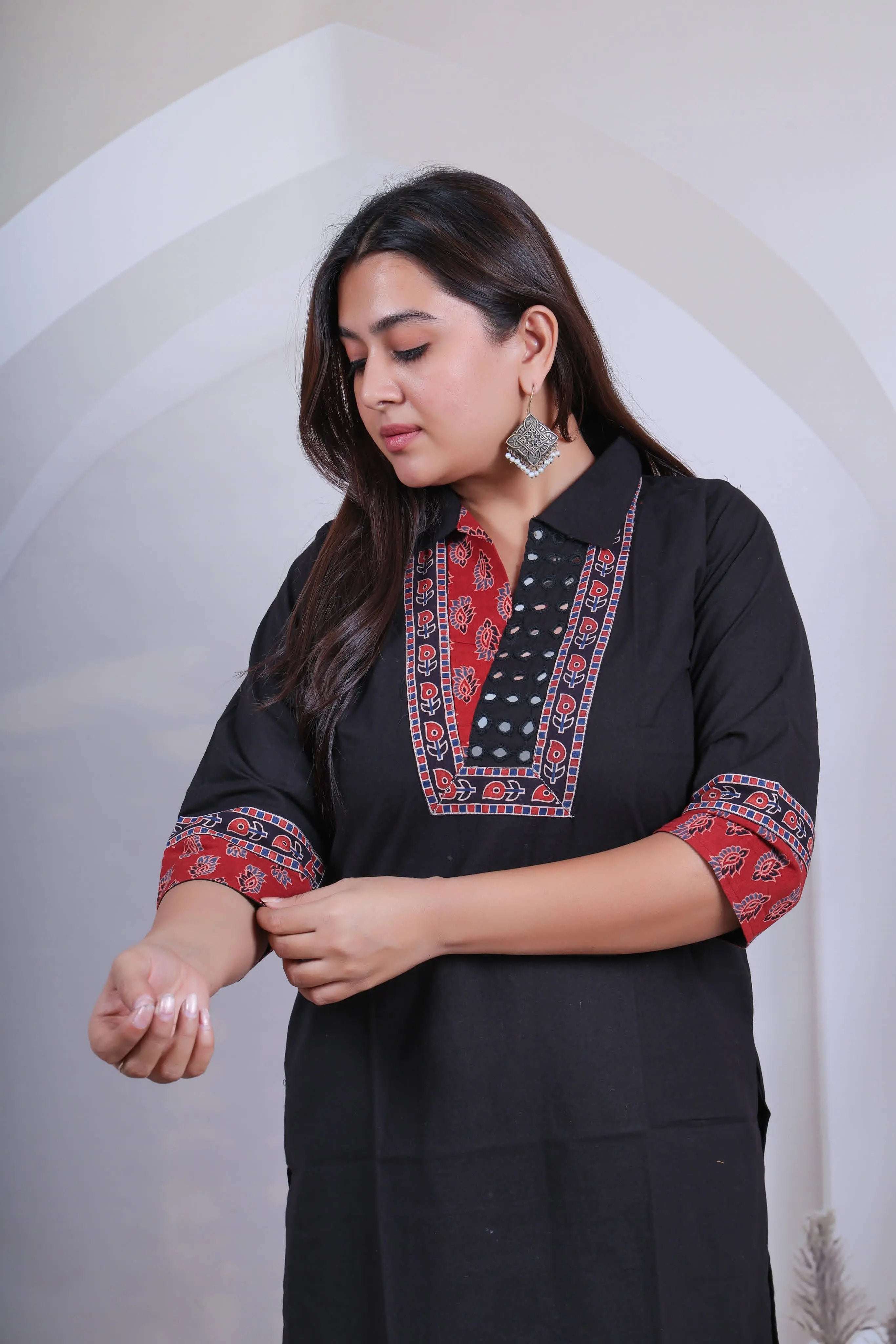 Avantika Black Cotton Collar Mirror Ajarakh Kurti RAKHIYO