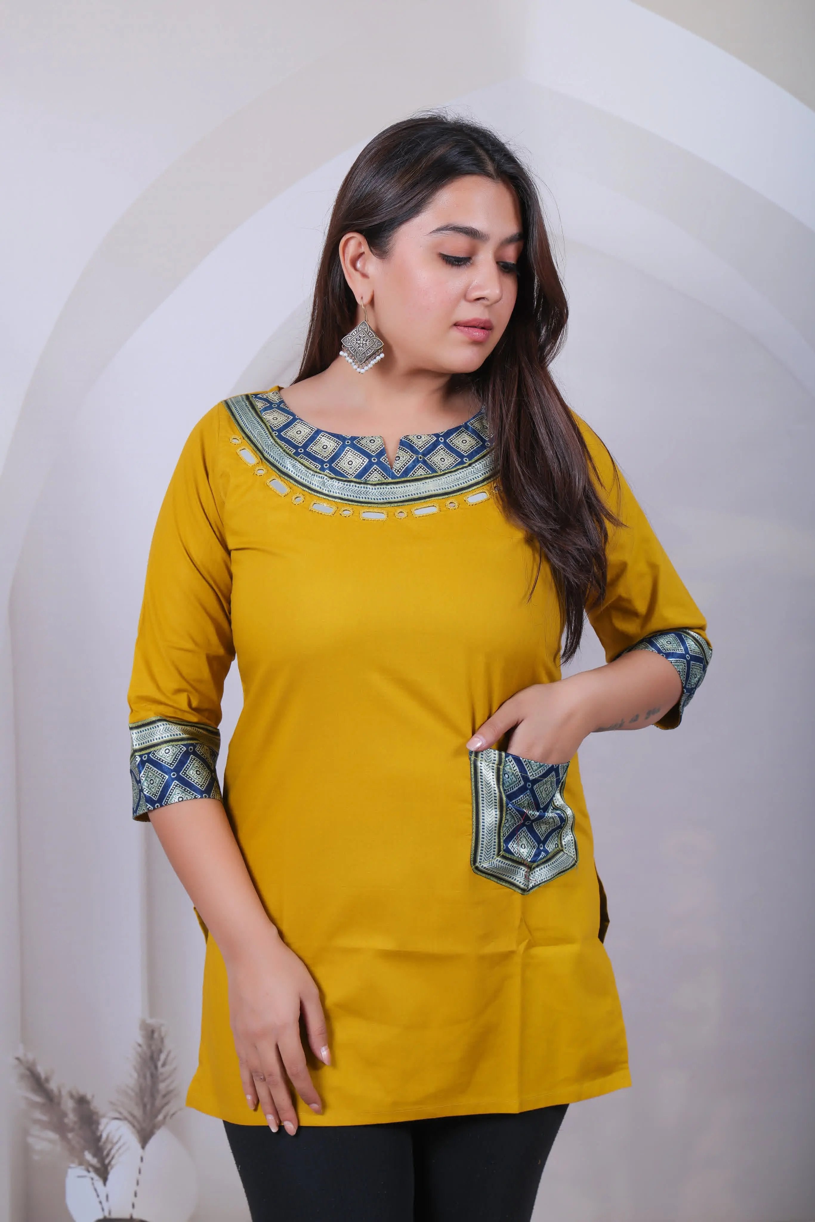 Mustard Navya Ajarakh Mirror Pocket U Neck Short Top RAKHIYO