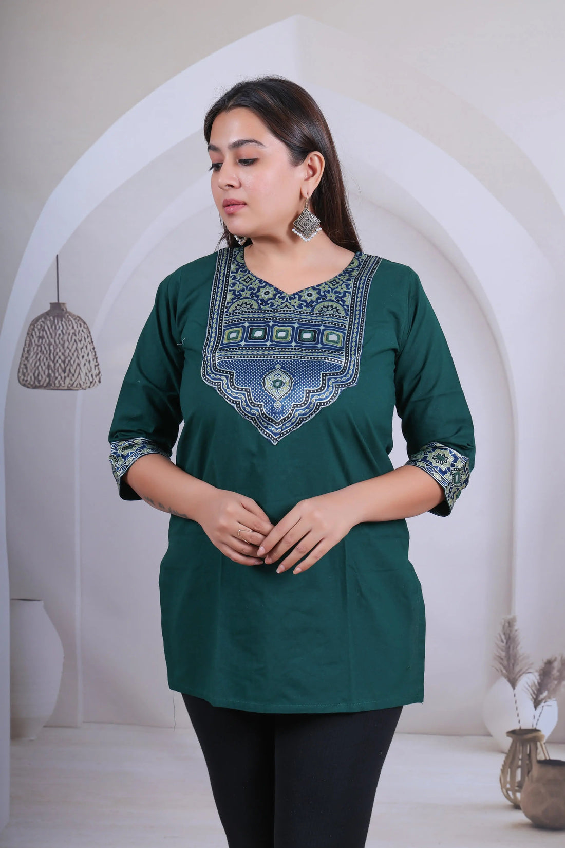 Green Kavya Ajarakh-Mirror Plain Cotton Short Top RAKHIYO