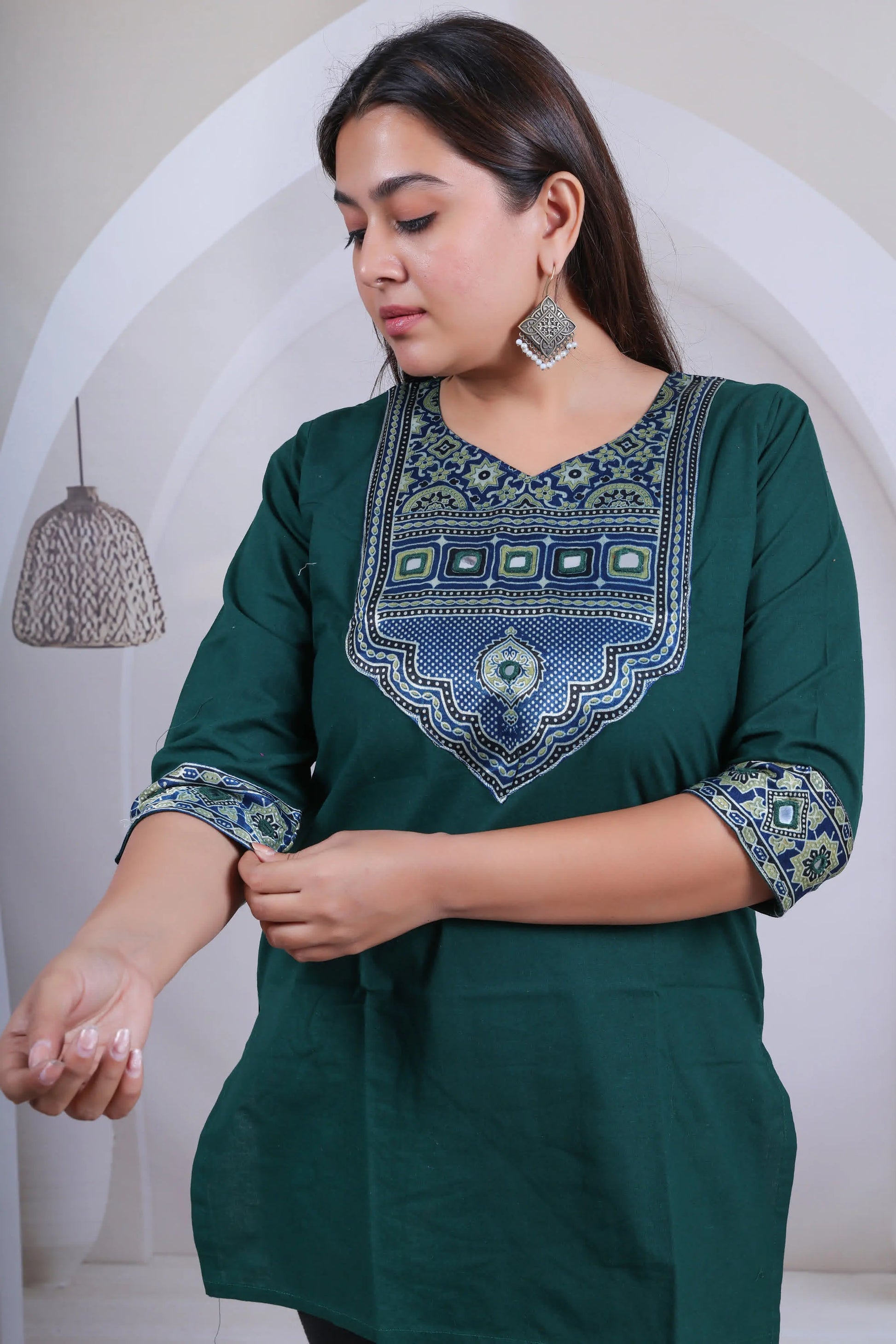 Green Kavya Ajarakh-Mirror Plain Cotton Short Top RAKHIYO