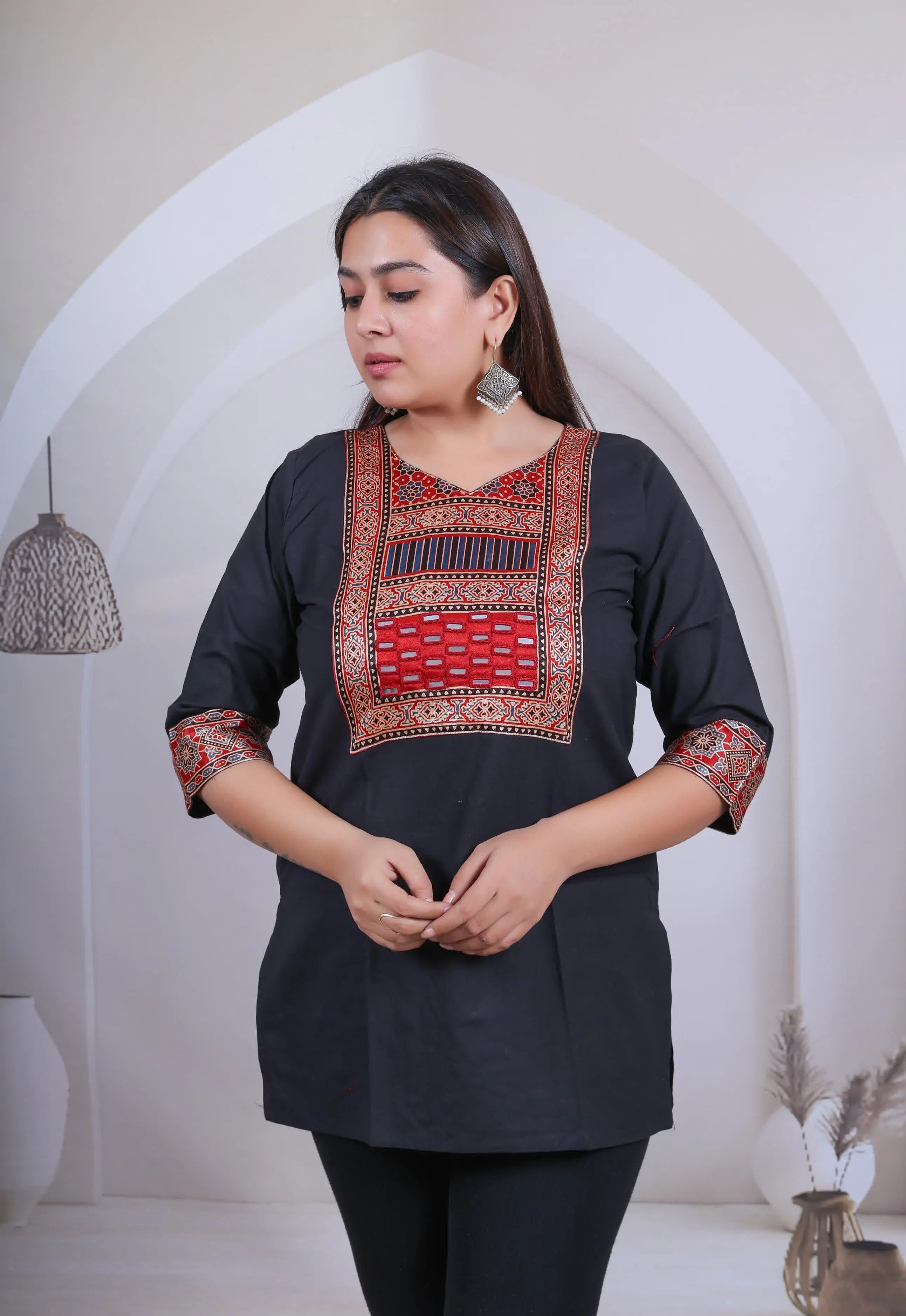 Black Kavya Ajarakh-Mirror Plain Cotton Short Top RAKHIYO
