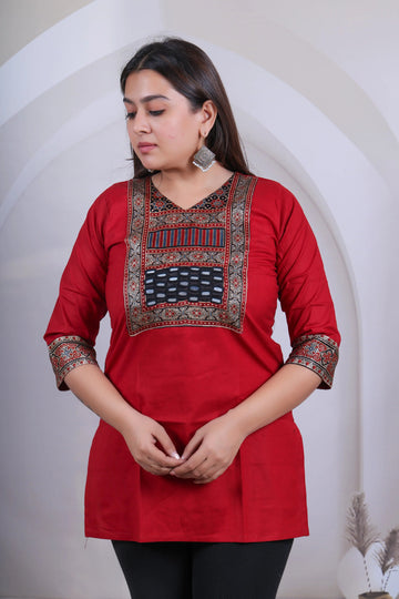 Maroon Kavya Ajarakh-Mirror Plain Cotton Short Top RAKHIYO
