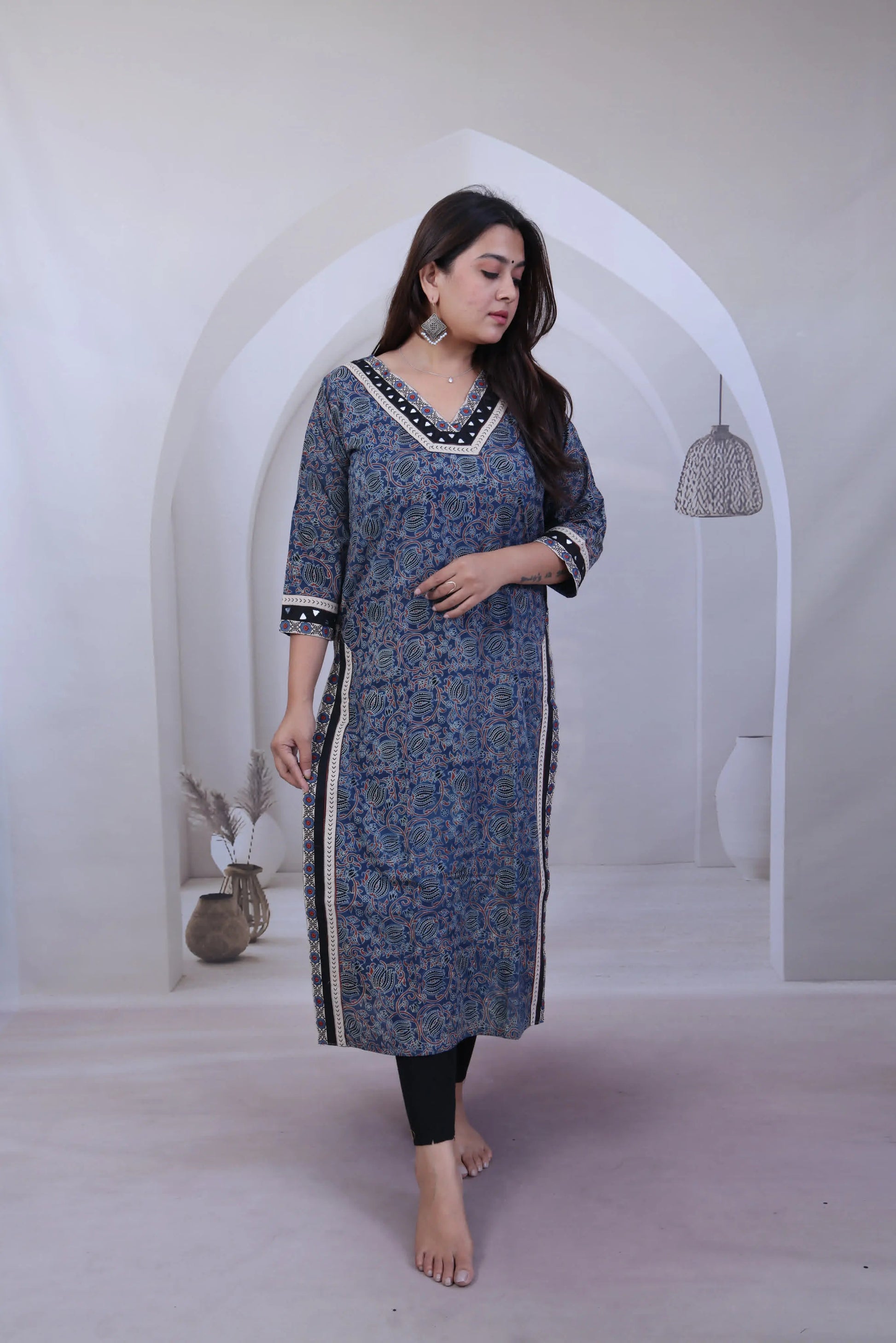 Devika Lotus Ajarakh Mirror Cotton Straight Kurti RAKHIYO
