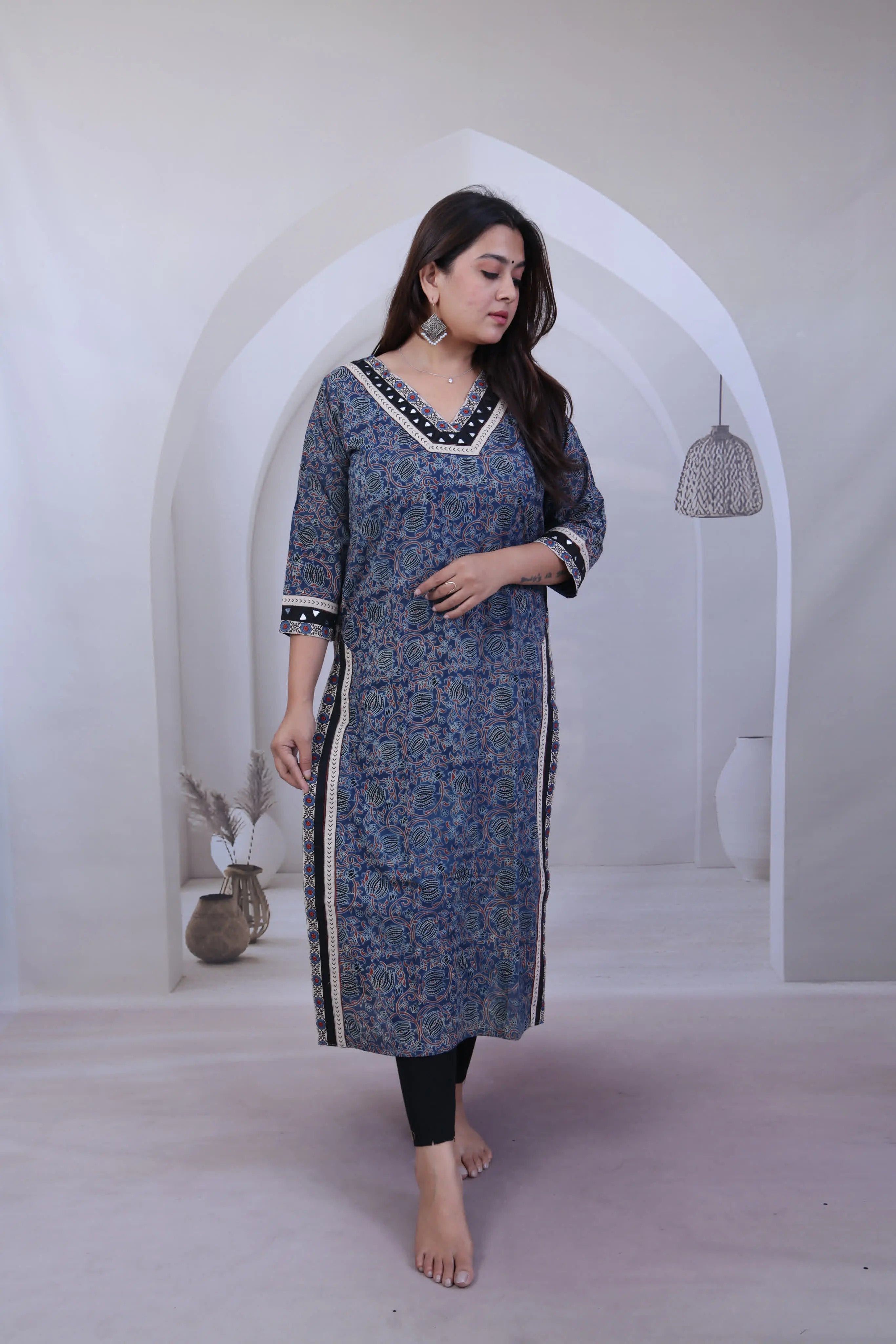 Devika Lotus Ajarakh Mirror Cotton Straight Kurti RAKHIYO