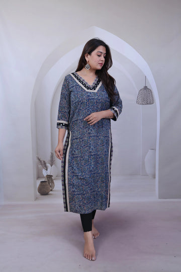 Devika Lotus Ajarakh Mirror Cotton Straight Kurti RAKHIYO