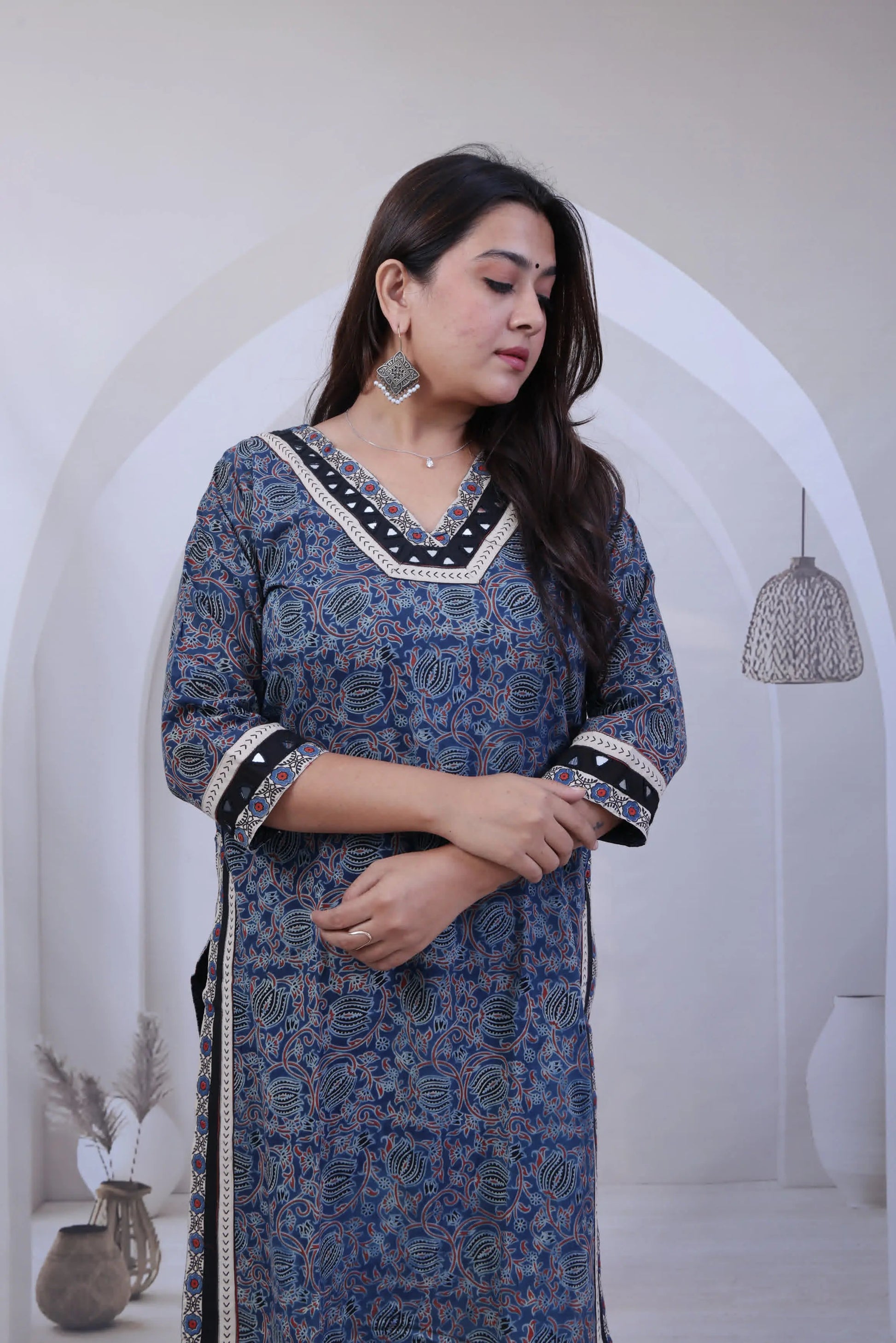 Devika Lotus Ajarakh Mirror Cotton Straight Kurti RAKHIYO