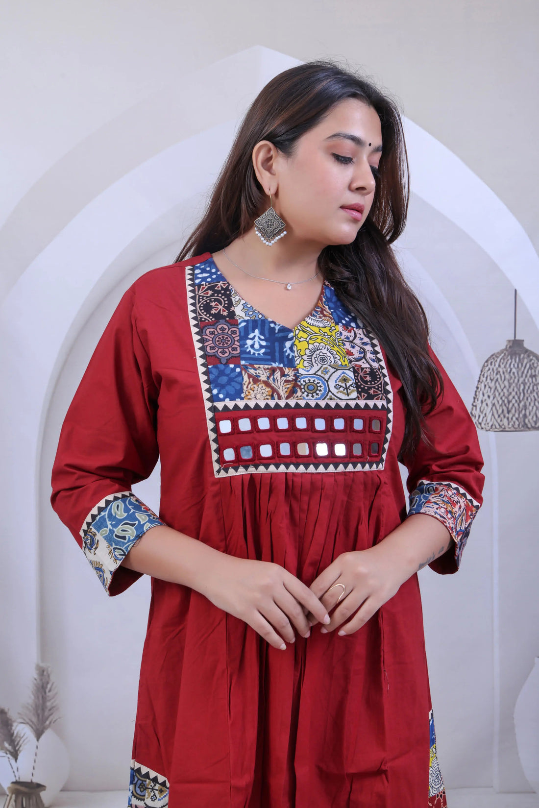 Eva Maroon Patchwork & Mirrorwork Cotton Kurti/One Piece RAKHIYO