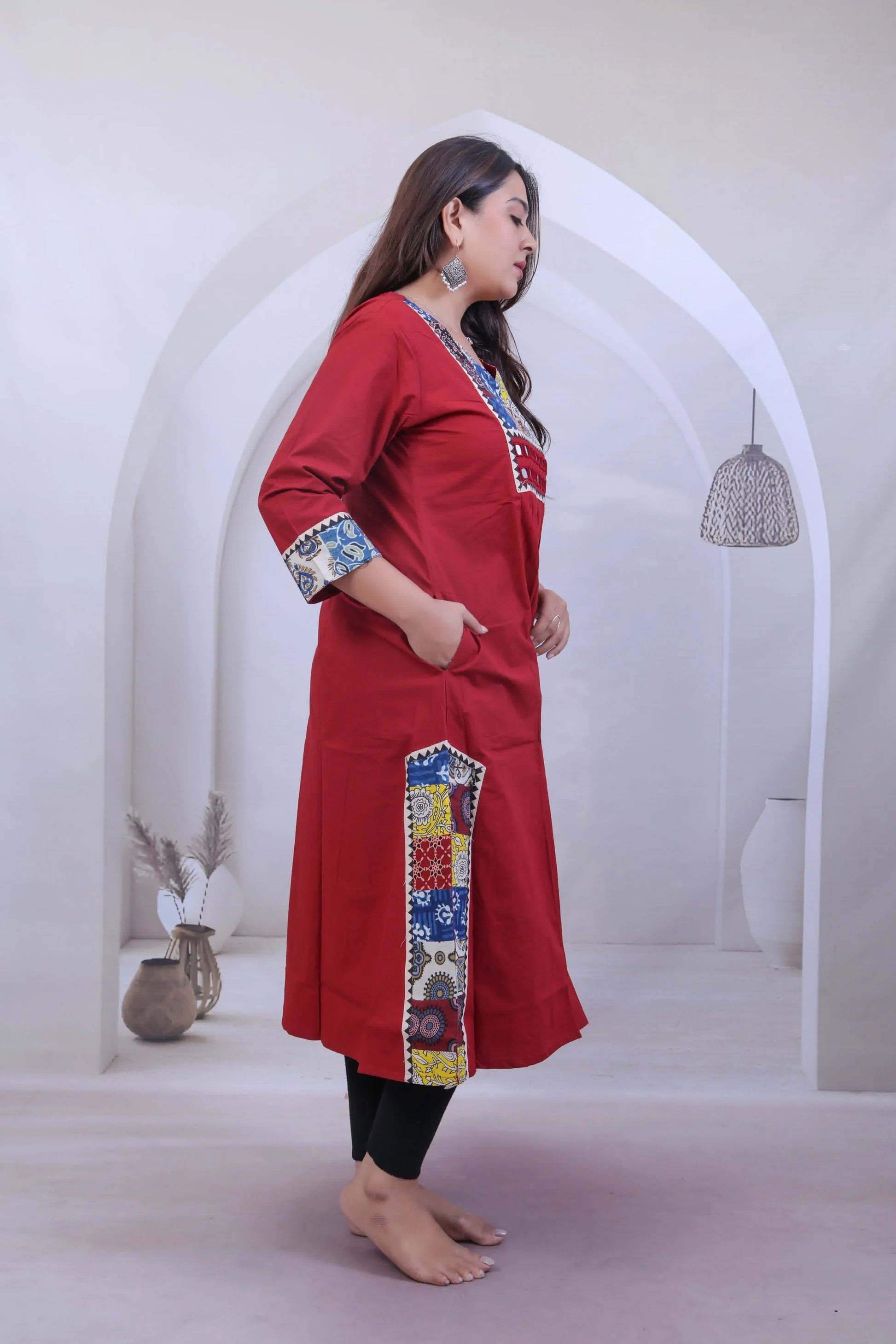 Eva Maroon Patchwork & Mirrorwork Cotton Kurti/One Piece RAKHIYO