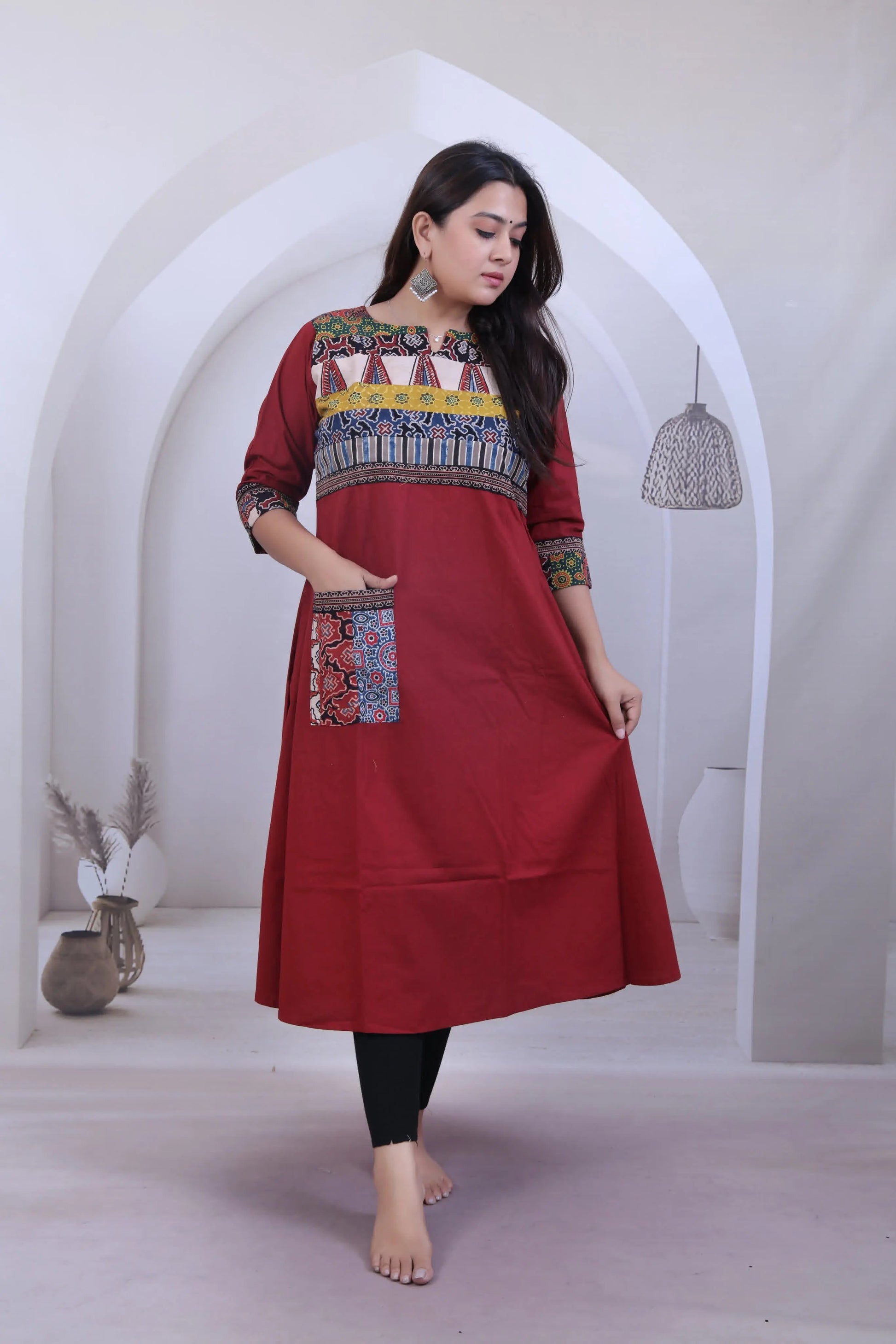 Arshvi Multi Ajarakh Maroon Cotton Pocket Kurti RAKHIYO