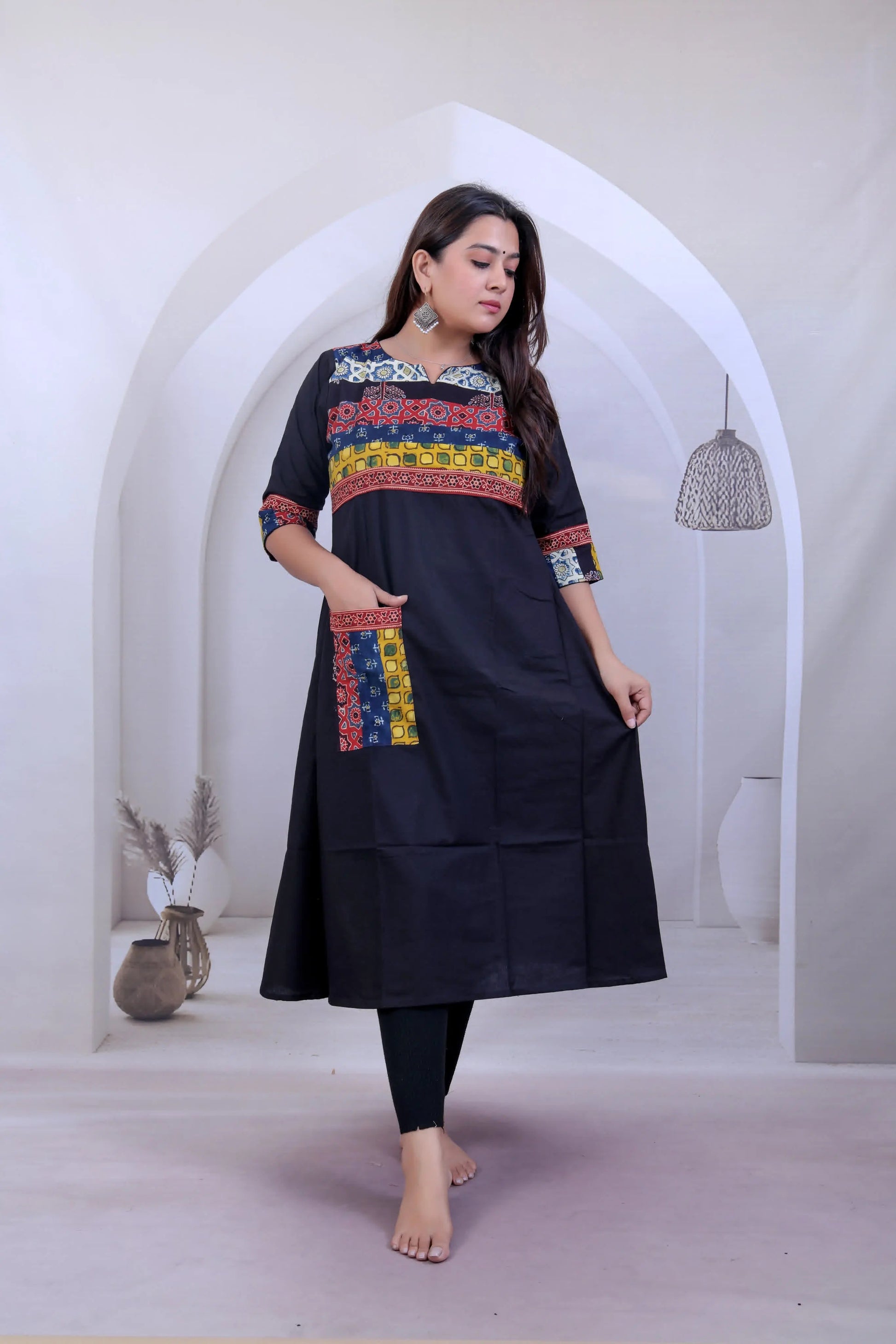 Arshvi Multy Ajarakh Black Cotton Pocket Kurti RAKHIYO