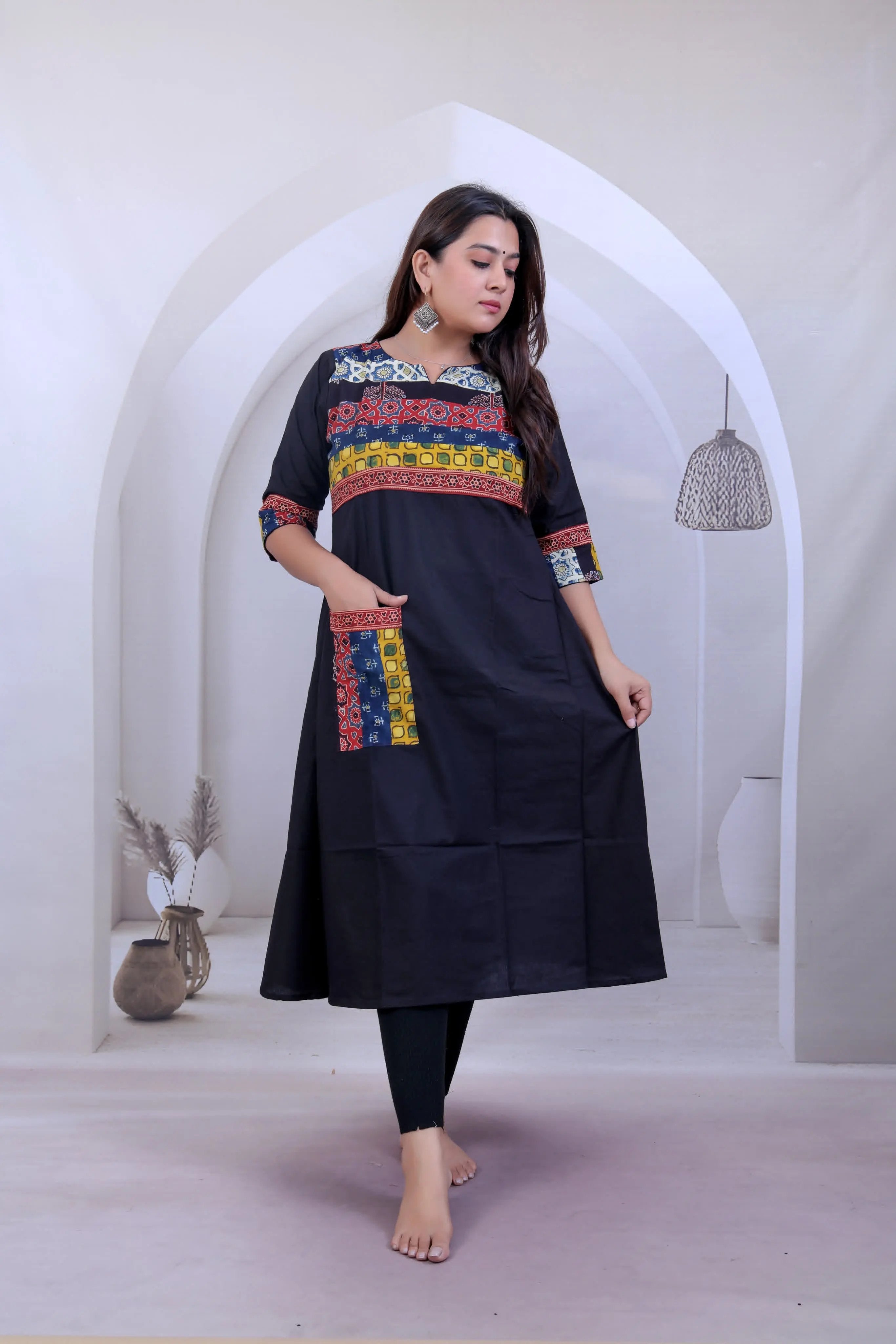 Arshvi Multy Ajarakh Black Cotton Pocket Kurti RAKHIYO