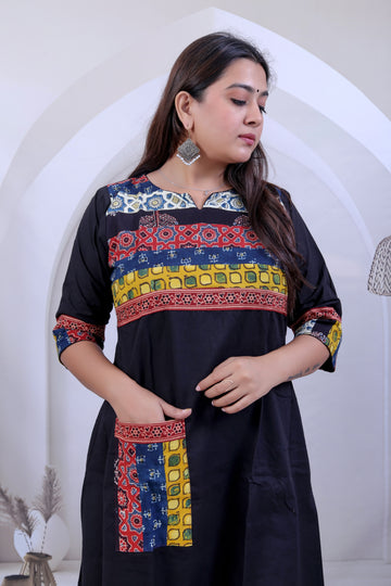 Arshvi Multy Ajarakh Black Cotton Pocket Kurti