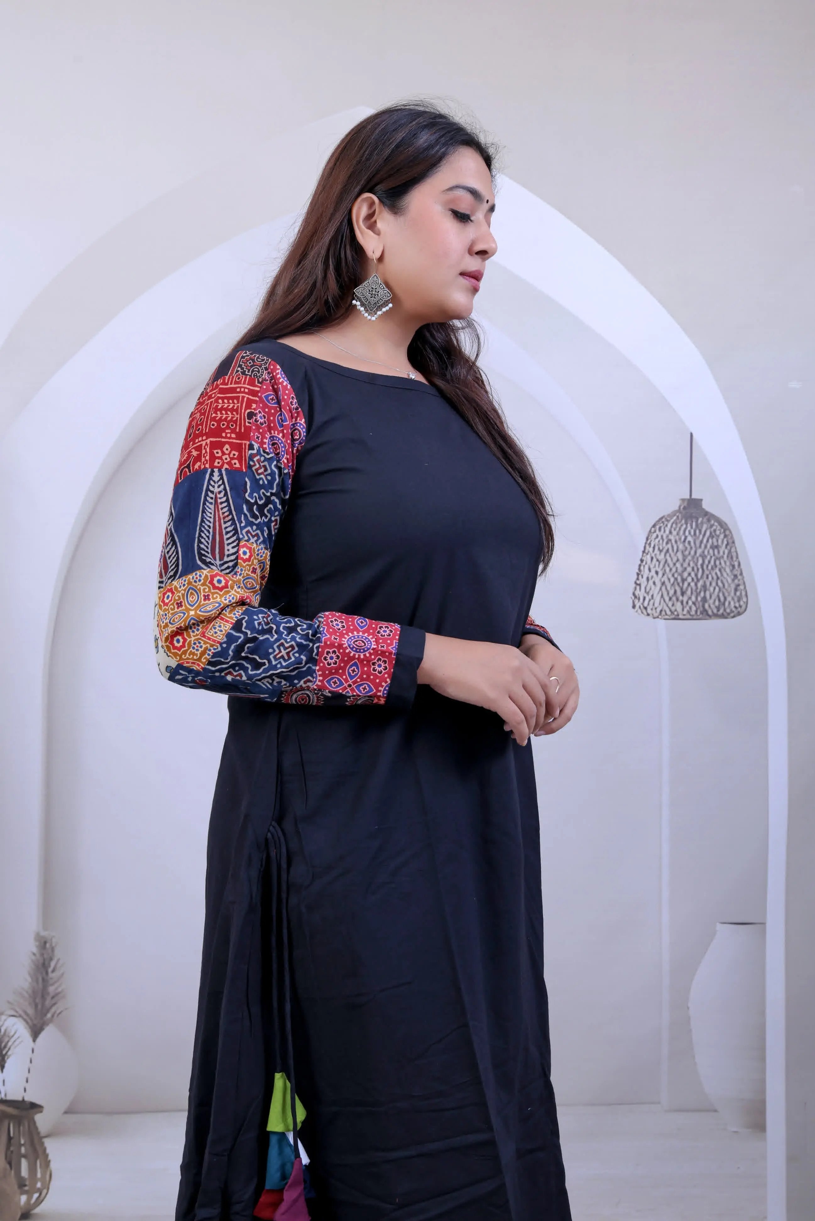 Kajal Multi Ajarakh Patchwork Sleeve Black Cotton Kurti RAKHIYO