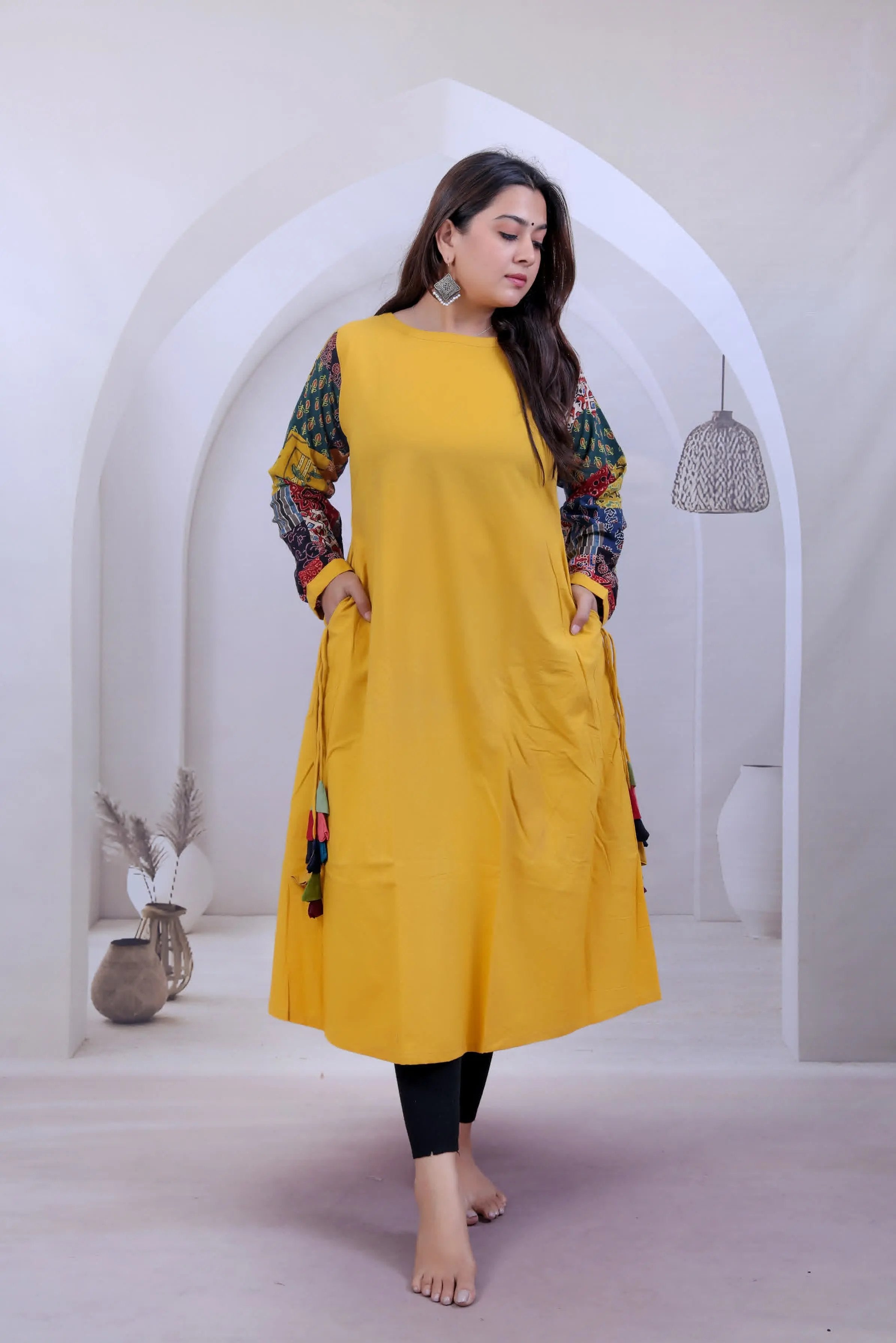 Kajal Multi Ajarakh Patchwork Sleeve Mustard Cotton Kurti RAKHIYO