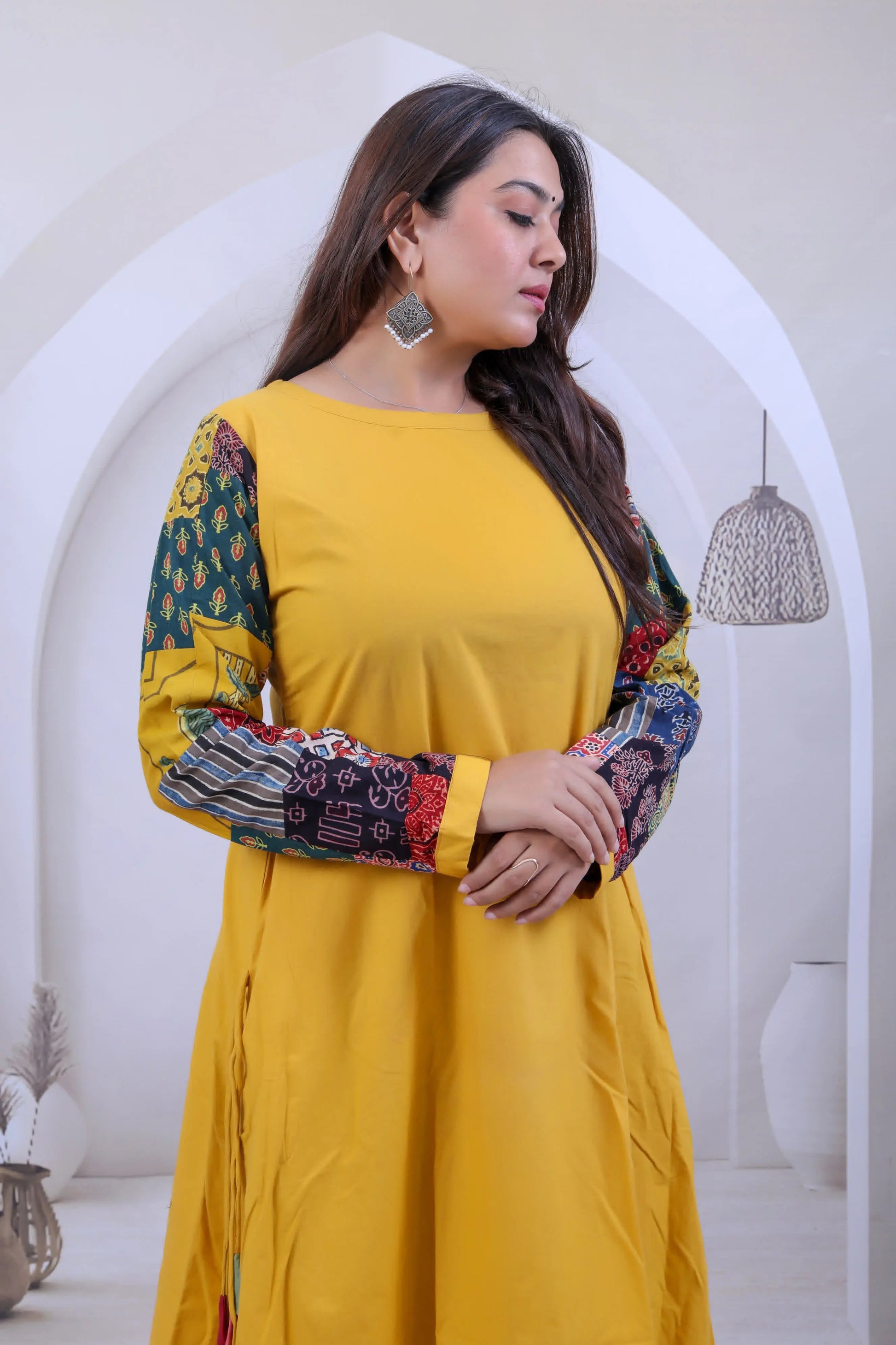 Kajal Multi Ajarakh Patchwork Sleeve Mustard Cotton Kurti RAKHIYO