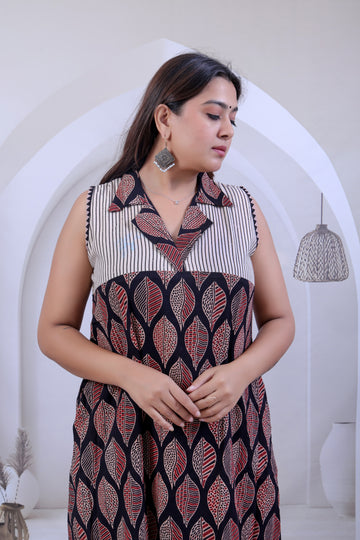 Lavanya Lotus Ajarakh Black Cotton Collar Kurti