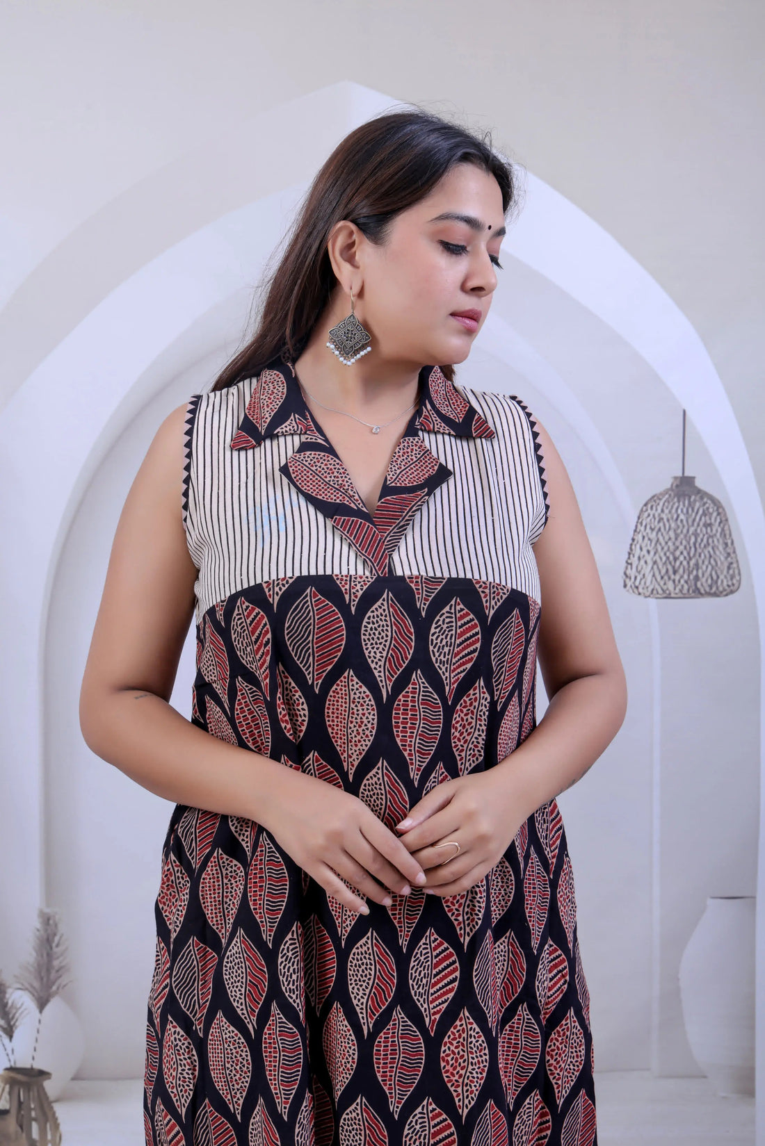 Lavanya Lotus Ajarakh Black Cotton Collar Kurti RAKHIYO