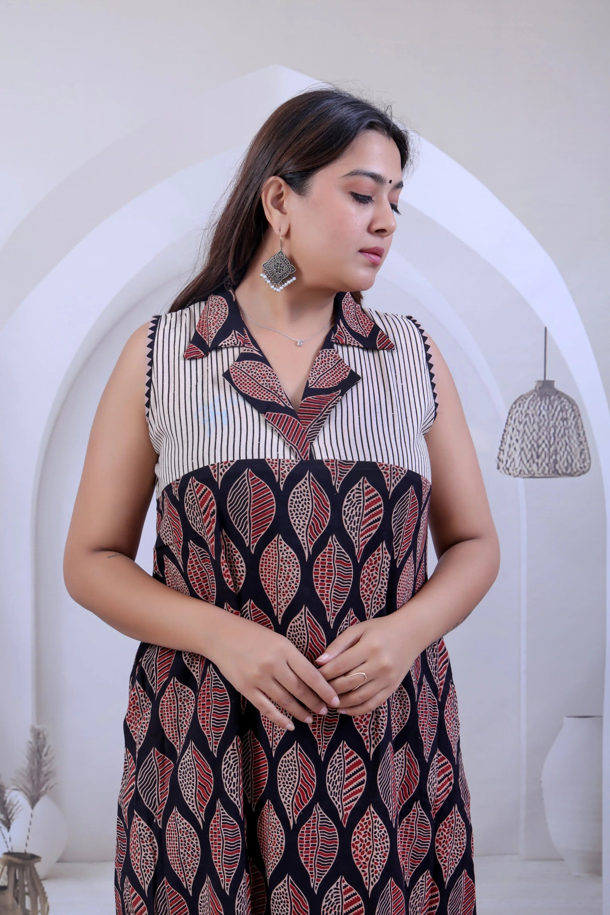 Lavanya Lotus Ajarakh Black Cotton Collar Kurti RAKHIYO