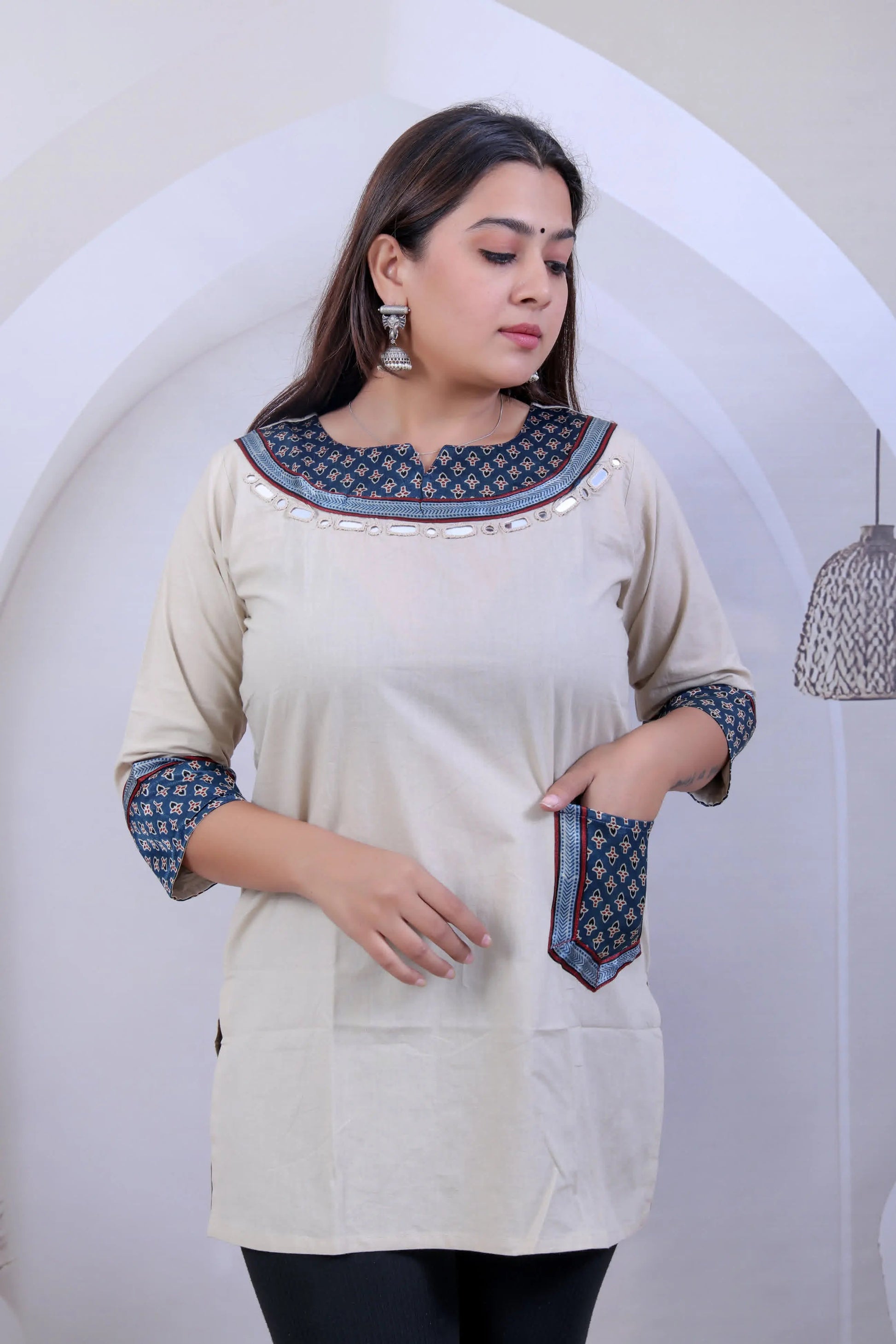 Cream Navya Ajarakh Mirror Pocket U Neck Short Top RAKHIYO