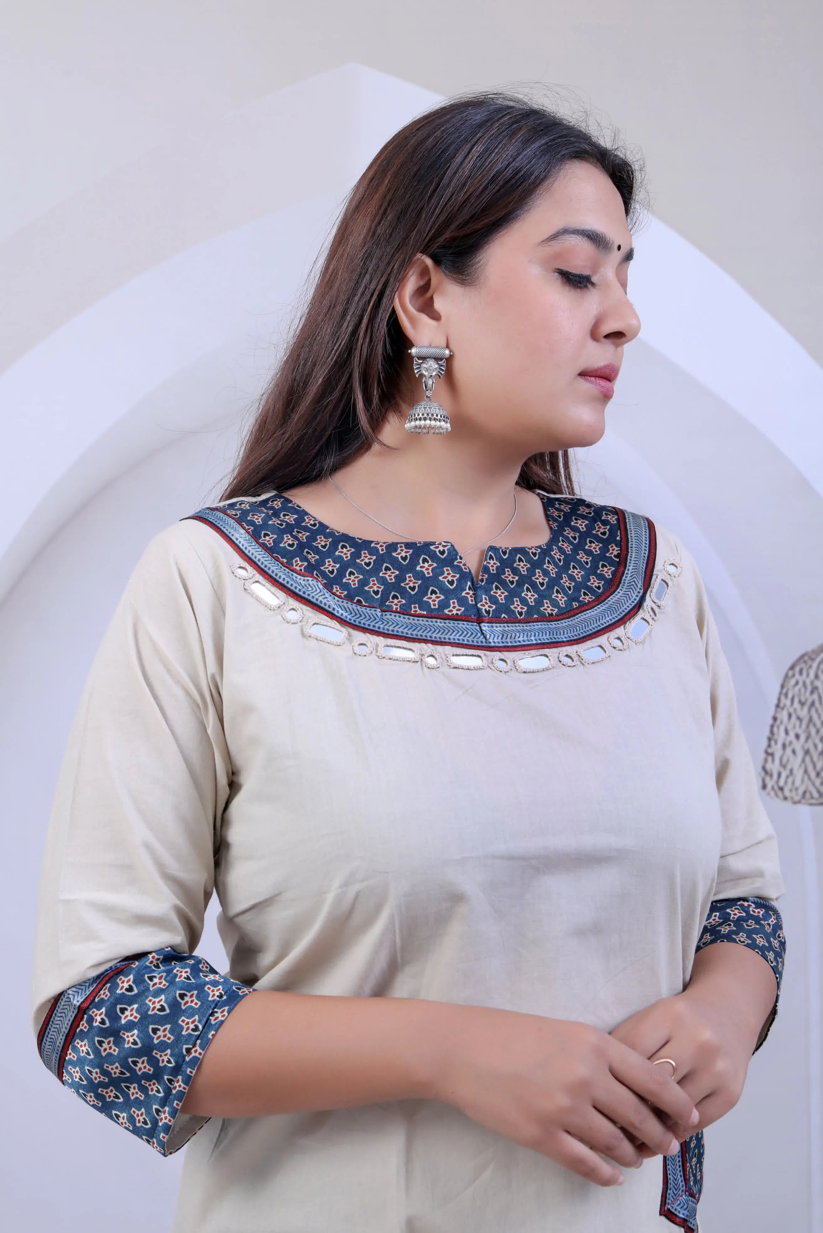 Cream Navya Ajarakh Mirror Pocket U Neck Short Top RAKHIYO