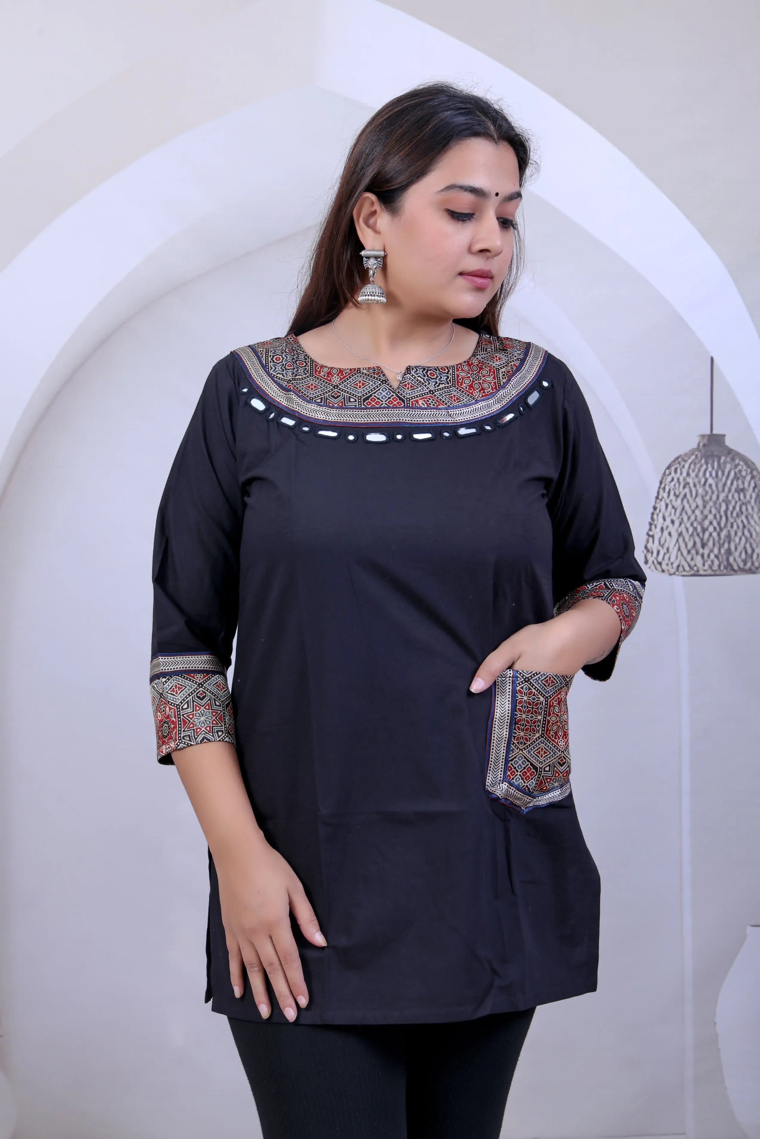 Black Navya Ajarakh Mirror Pocket U Neck Short Top RAKHIYO